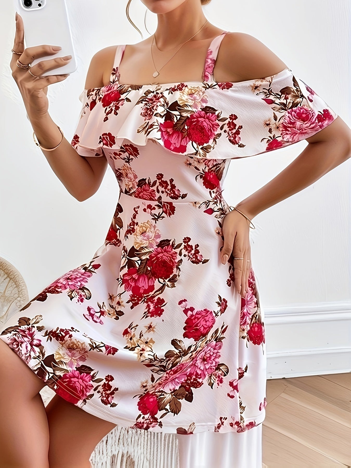 Floral Print Ruffle Hem Dress, Elegant Cold Shoulder Square Neck Backless Dress For Spring & Summer, Women's Clothing