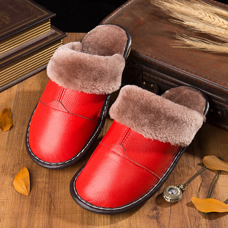 Manufacturers custom autumn and winter non-slip warm home skin slippers new thick couples leather cotton slippers