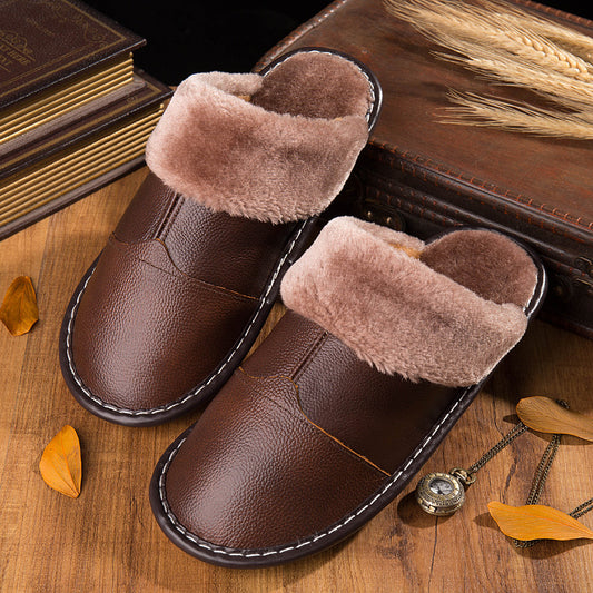 Manufacturers custom autumn and winter non-slip warm home skin slippers new thick couples leather cotton slippers