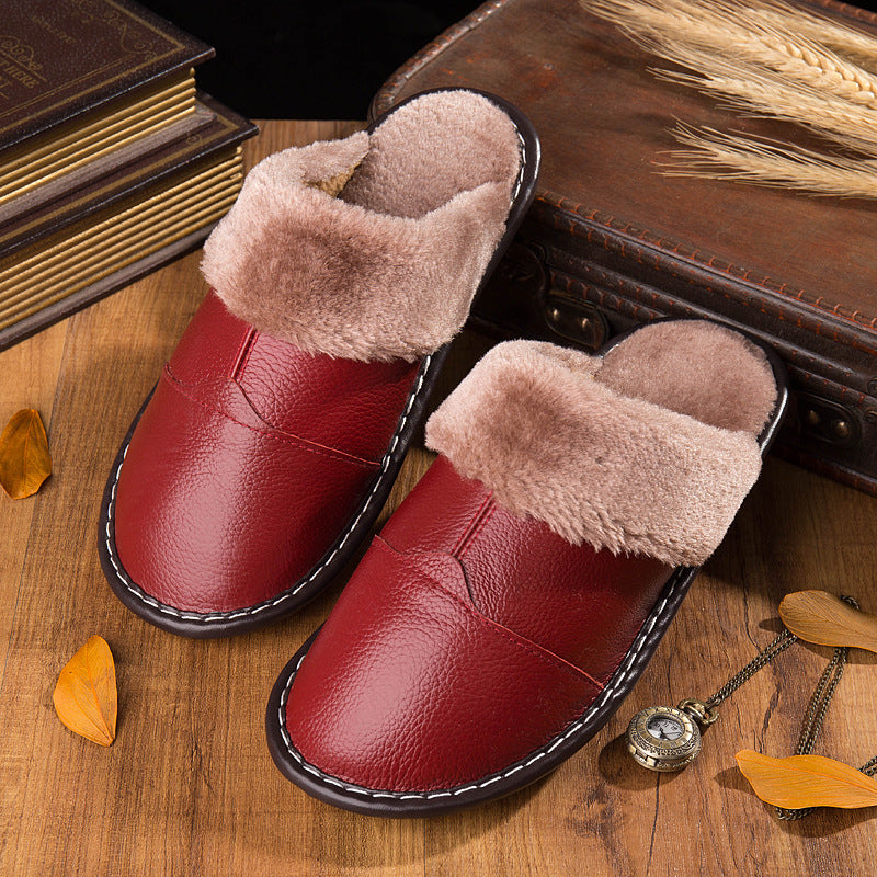 Manufacturers custom autumn and winter non-slip warm home skin slippers new thick couples leather cotton slippers