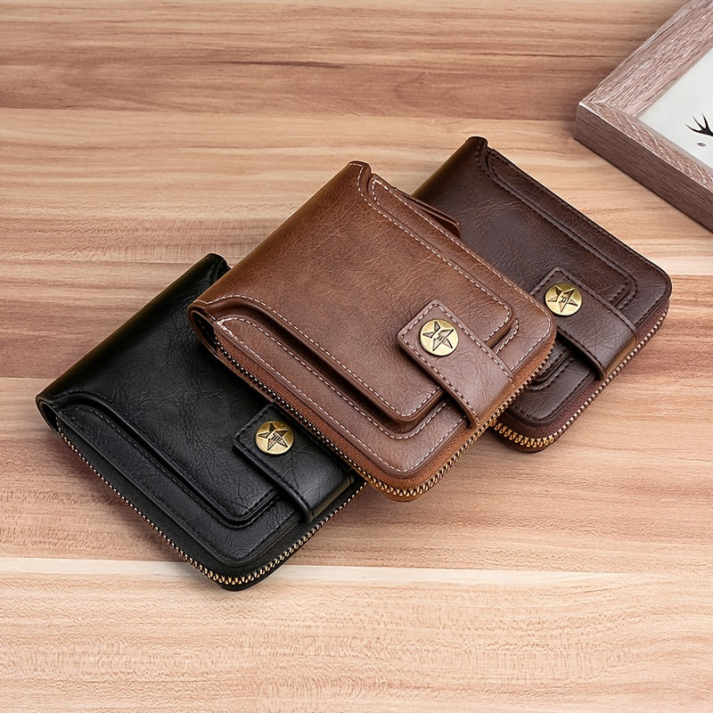 1pc Men's PU Leather Solid Color Business Wallet, Card Holder With Zipper & Button, Valentine's Day Gift For Men