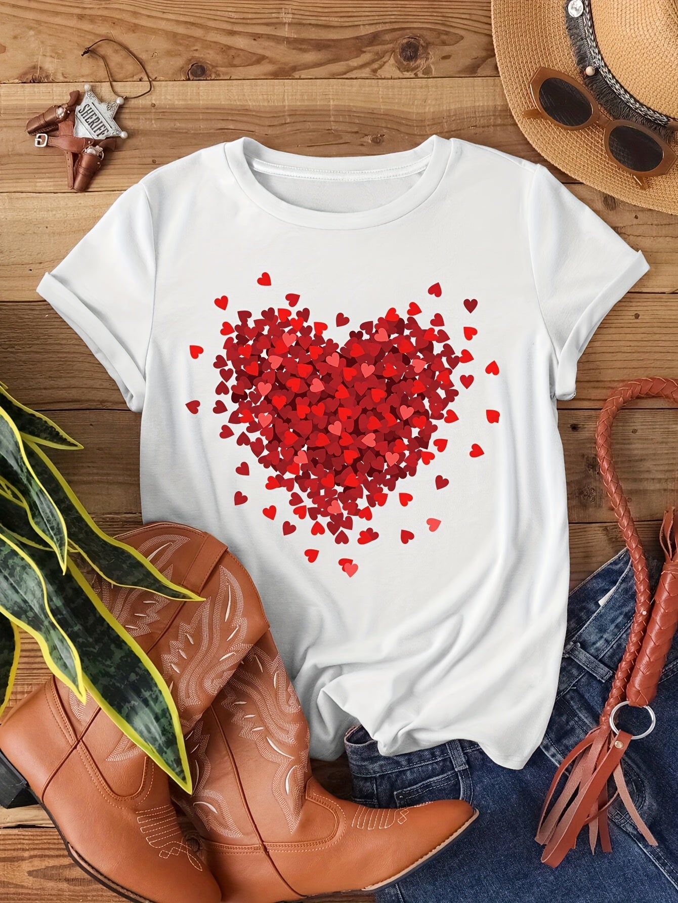 Maglietta Con Stampa A Cuore, Top Casual A Maniche Corte Per Primavera Ed Estate, Abbigliamento Da Donna