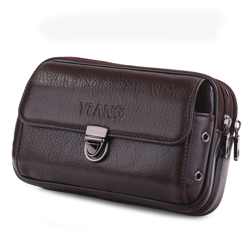 Brown leather pouch with a visible brand logo on a white background