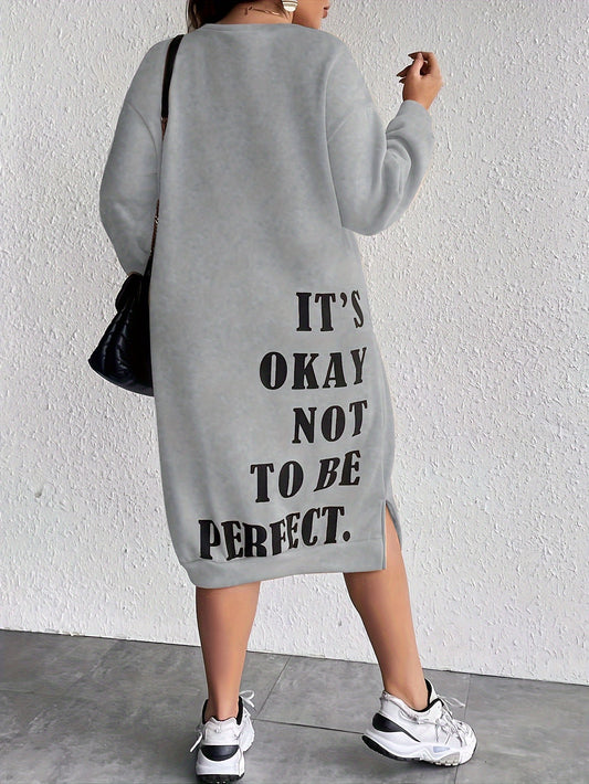 Plus Size Casual Dress, Women's Plus Slogan Print Long Sleeve Round Neck Side Split Sweatshirt Dress