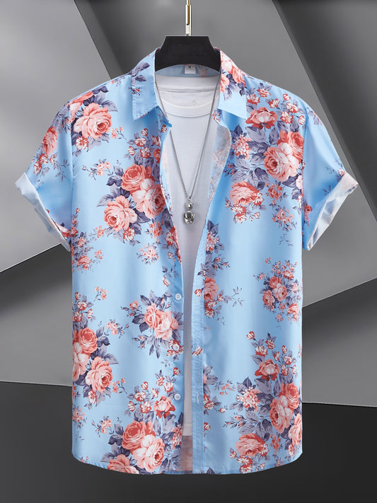 Trendy Floral Print Men's Short Sleeve Button Up Shirt, Men's Casual Summer Tops For Resort Vacation