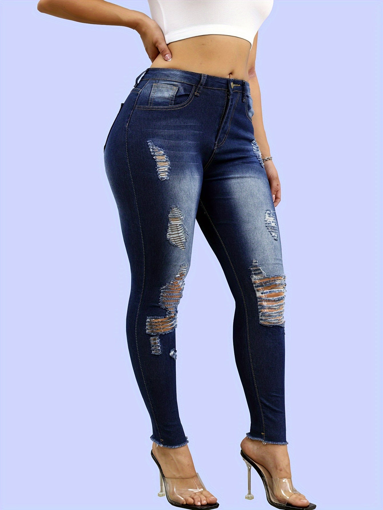 Ripped Holes Washed Skinny Jeans, Raw Trim High-stretch Fashion Fitted Denim Pants, Women's Denim Jeans & Clothing