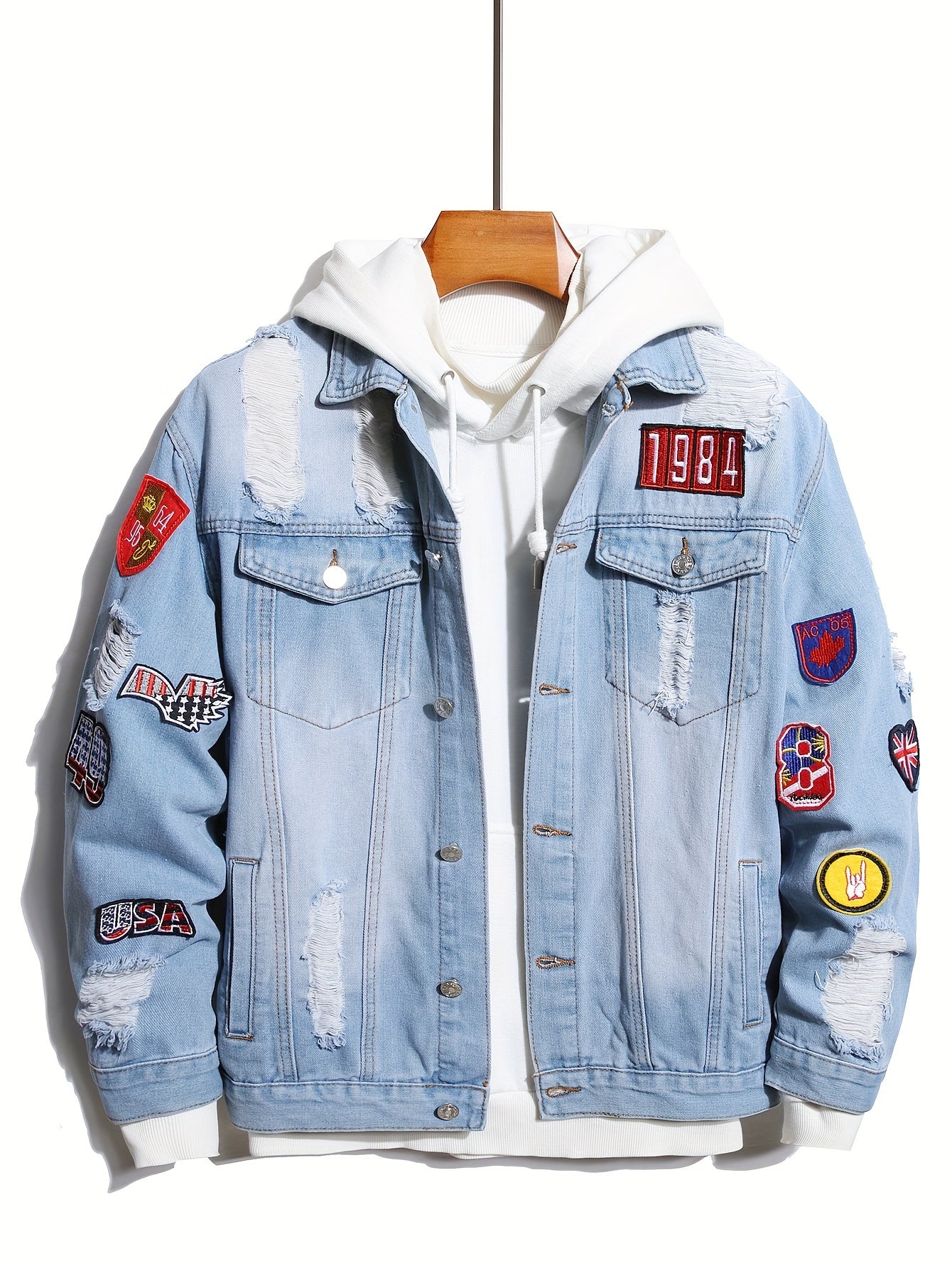 Men's Casual Patchwork Ripped Denim Jacket, Chic Street Style Jacket