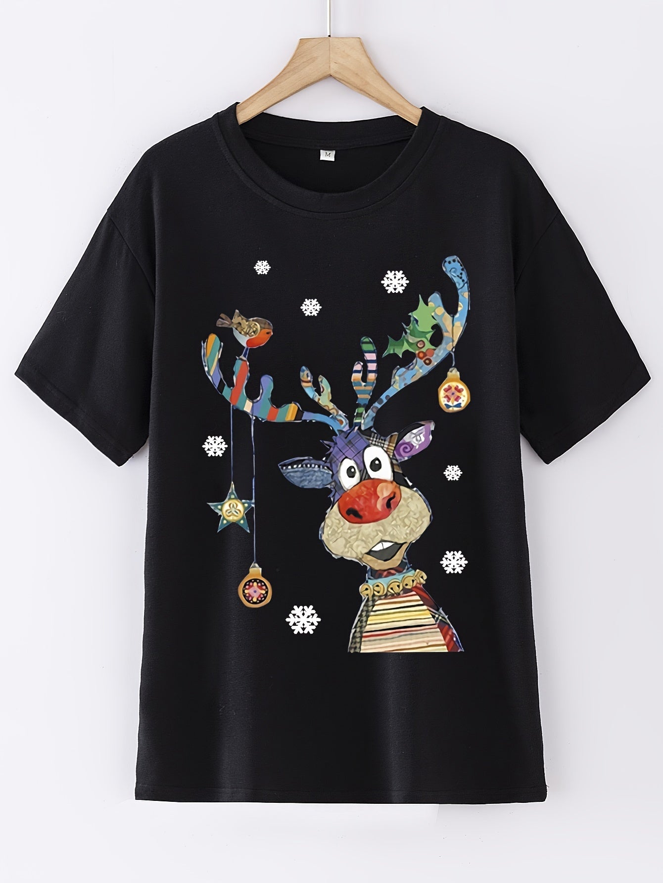 Christmas Reindeer Print Crew Neck T-shirt, Casual Short Sleeve Top, Women's Clothing