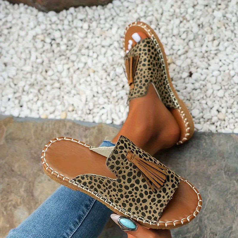 Women Leopard Print Random Flats Slippers Fringe Sandals Casual Shoes Flip Flops Beach Shoes Slingback Slides