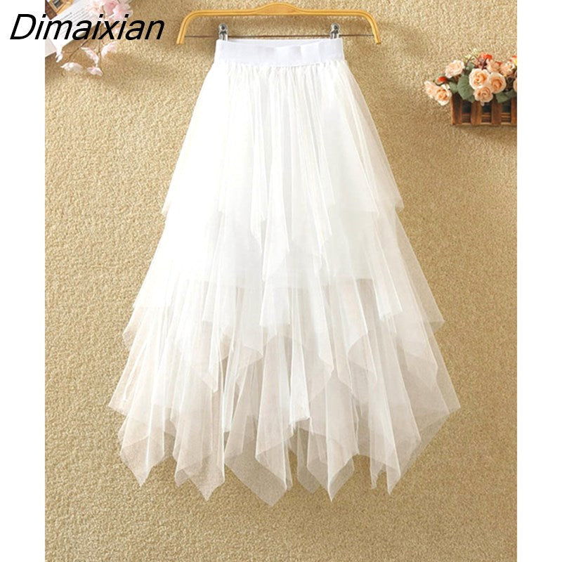 Dimaixian Women irregular Tulle Skirts Fashion Elastic High Waist Mesh Tutu Skirt Pleated Long Skirts Midi Skirt Saias Faldas Jupe Femmle