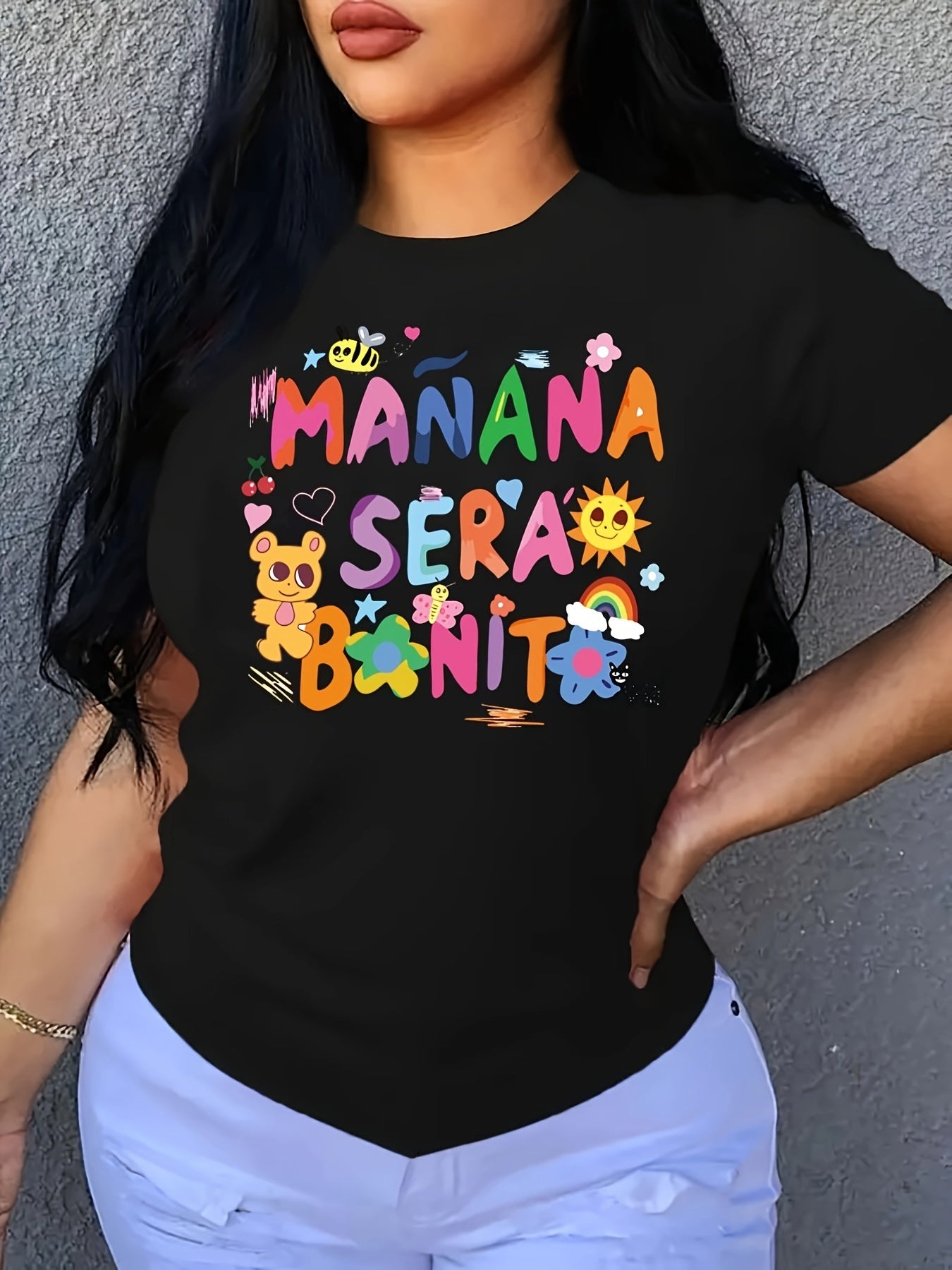 Maglietta casual con stampa cartone animato e lettere, girocollo a maniche corte leggermente elasticizzato, t-shirt sportiva per attività all'aria aperta e festival musicali da donna