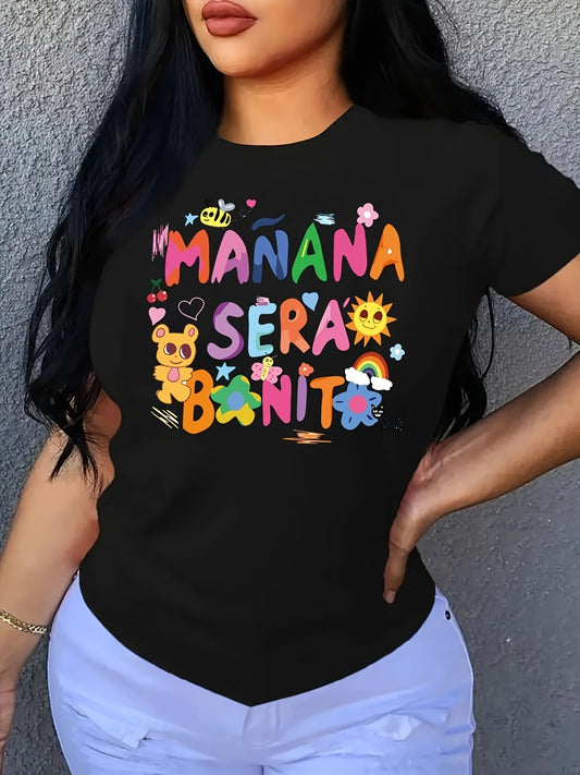 Maglietta casual con stampa cartone animato e lettere, girocollo a maniche corte leggermente elasticizzato, t-shirt sportiva per attività all'aria aperta e festival musicali da donna