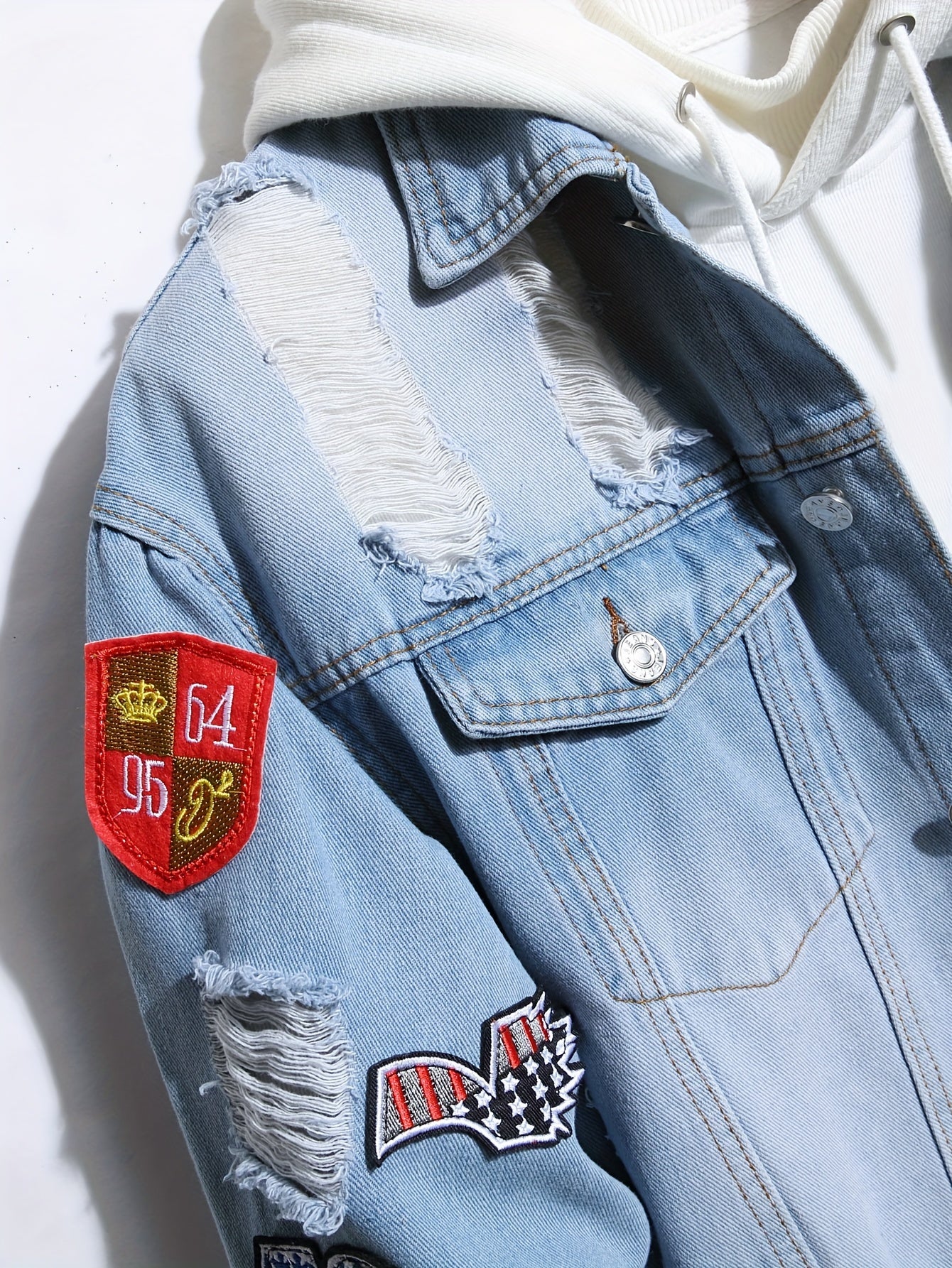 Men's Casual Patchwork Ripped Denim Jacket, Chic Street Style Jacket