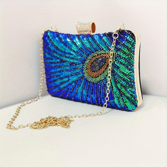 Retro Western Style Peacock Feather Pattern Dinner Bag, Elegant Shiny Music Festival Clip Square Chain Bag, Women's Rhinestone Decor Wedding, Party Bag