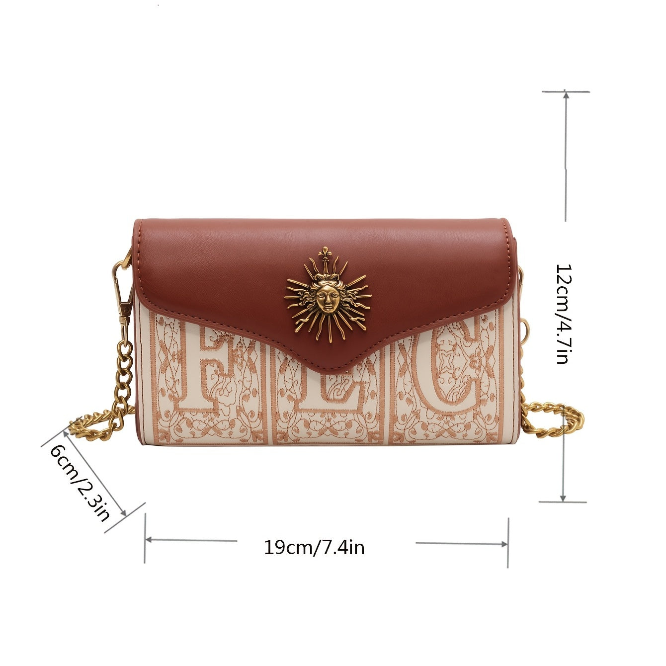 Mini Letter Embroidery Flap Square Bag, Metal Sun Decor Fashionable Purse, Retro Design Shoulder Bag