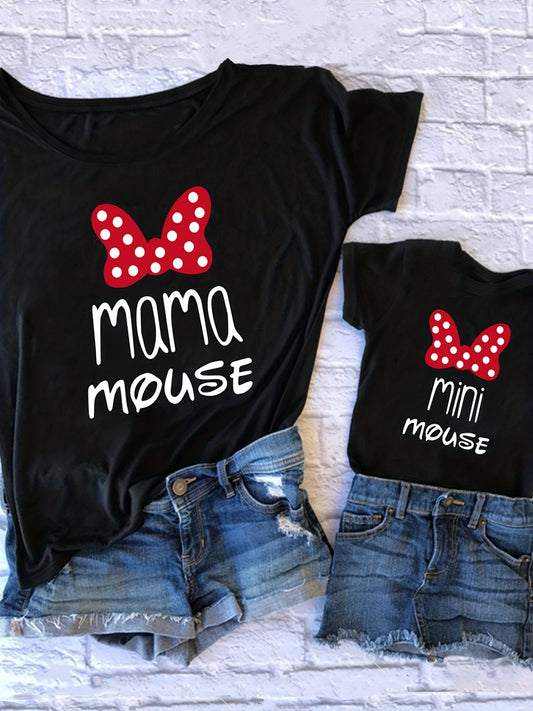 Stylish Family Matching T-shirts, Mommy And Me Casual Cute MAMA And MINI Mouse Letter Print Short Sleeve Tops, Mom And Kids Matching Tees For Summer