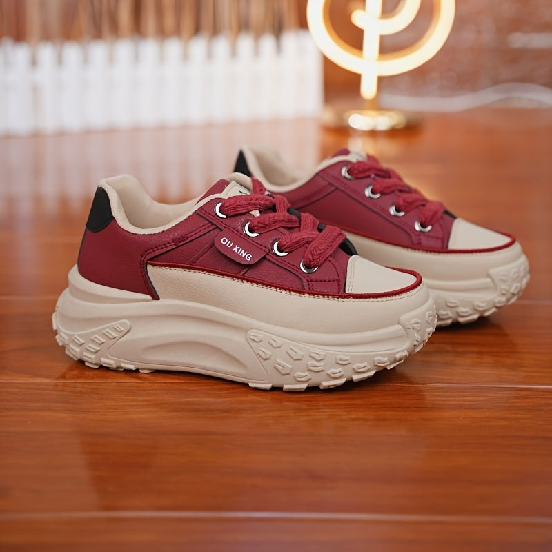 Women's Platform Chunky Sneakers, Fashion Low Top Faux Leather Shoes, Casual Lace Up Walking Skate Shoes