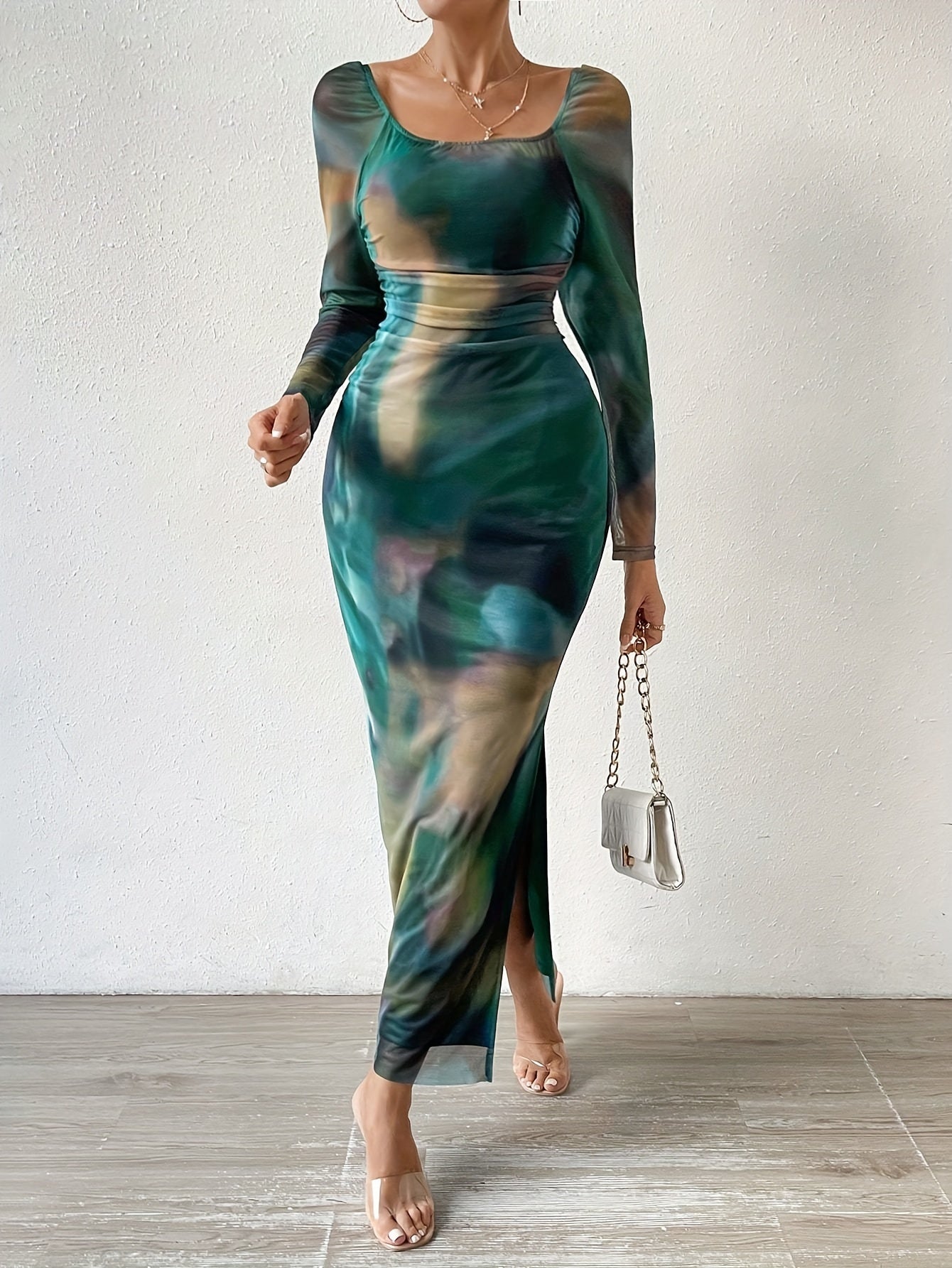 Tie Dye Print Bodycon Square Neck Dress, Sexy Split Hem Long Sleeve Dress For Spring & Fall, Women's Clothing