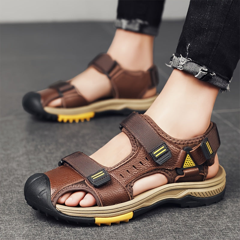 Men's Stitching Casual Closed Toe Slip On Sandals, Breathable Anti-skid Summer Beach Sandals With Hook & Loop Fasteners For Outdoor
