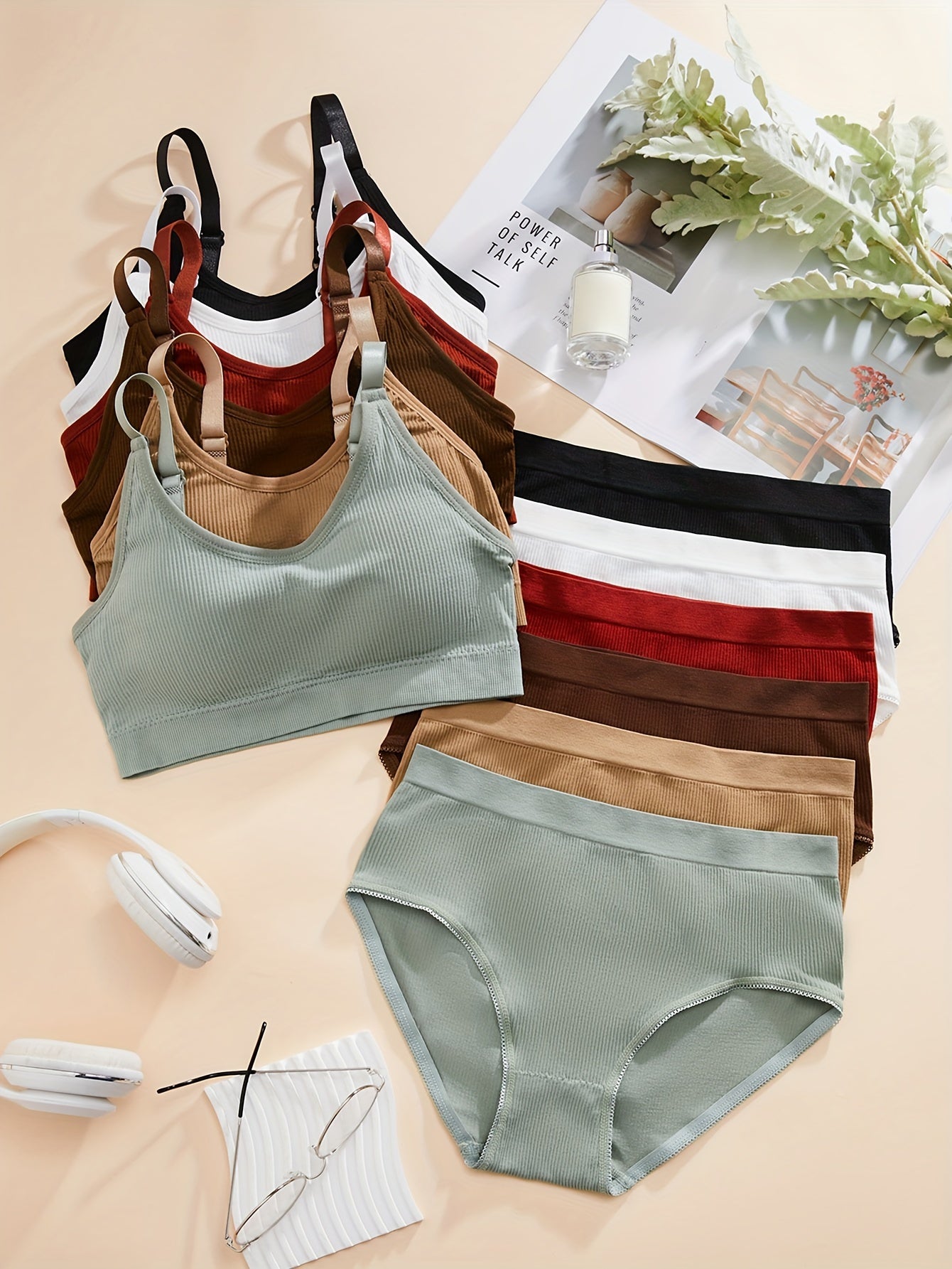 6sets Solid Ribbed Bra & Panty, Sporty Bra & Panties Lingerie Set, Women's Lingerie & Underwear