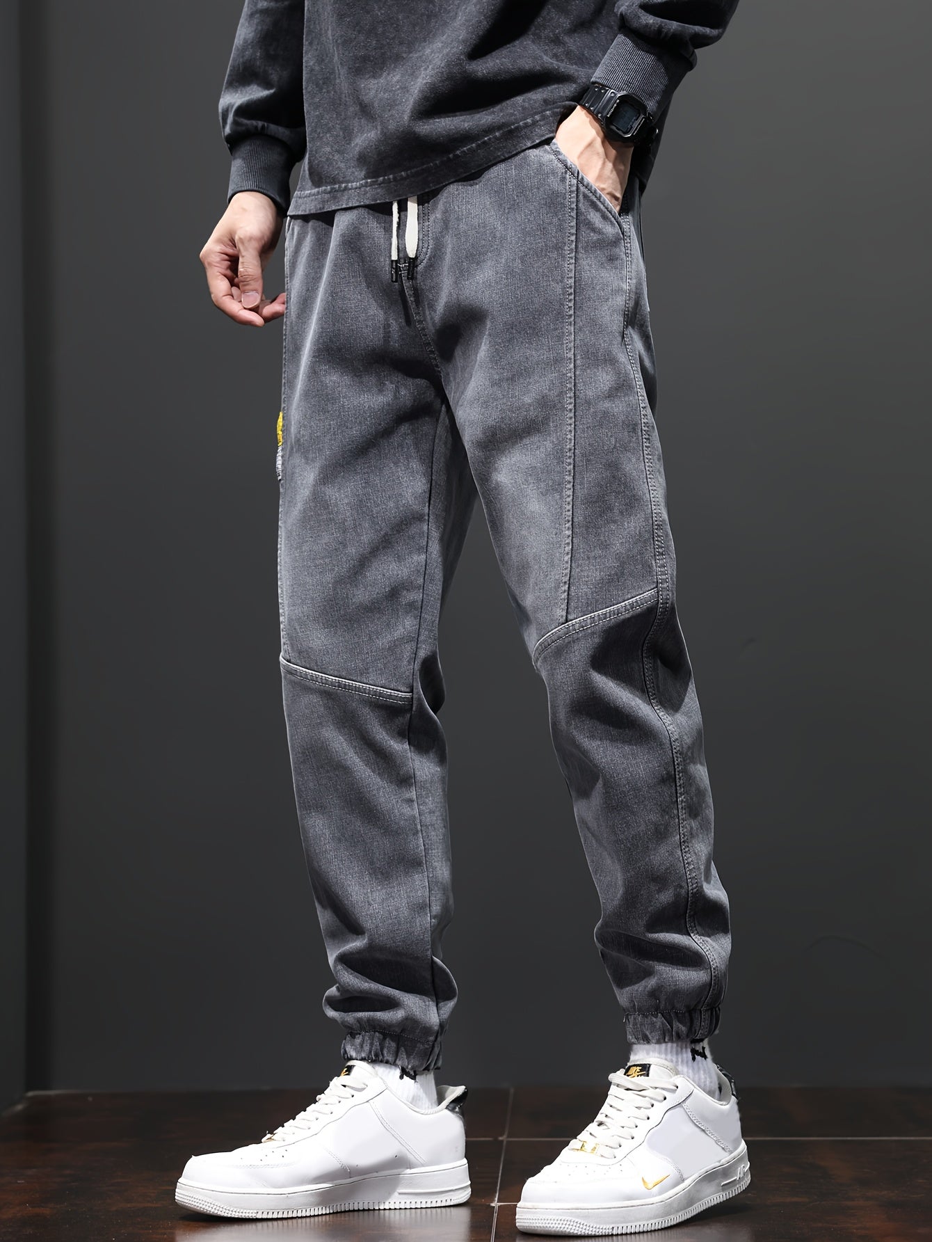 Trendy Cropped Jeans, Men's Casual Street Style Stretch Tapered Jeans For Fall Winter