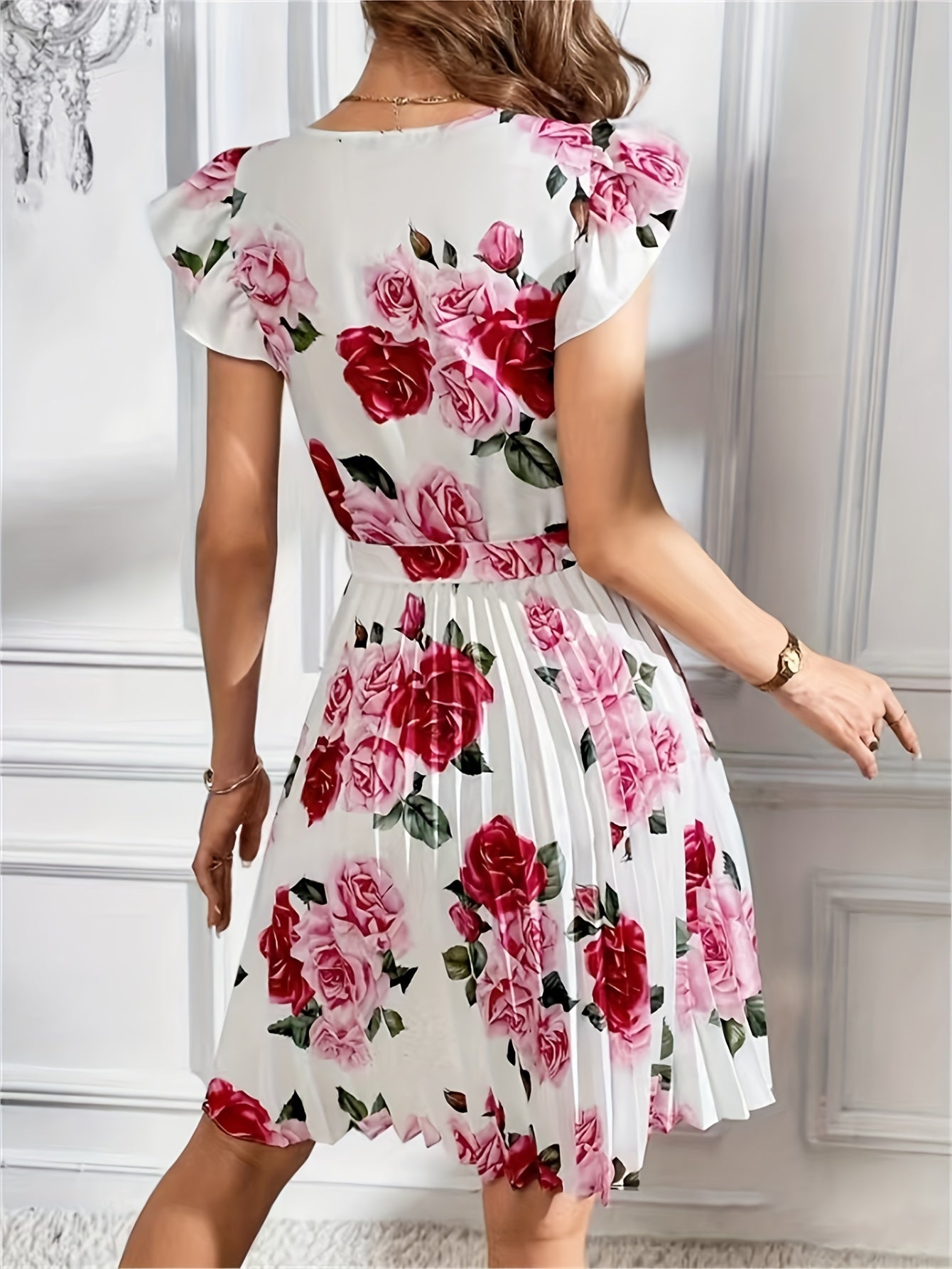 Floral Print Pleated Hem Dress, Elegant Belted Flutter Sleeve Dress, Women's Clothing