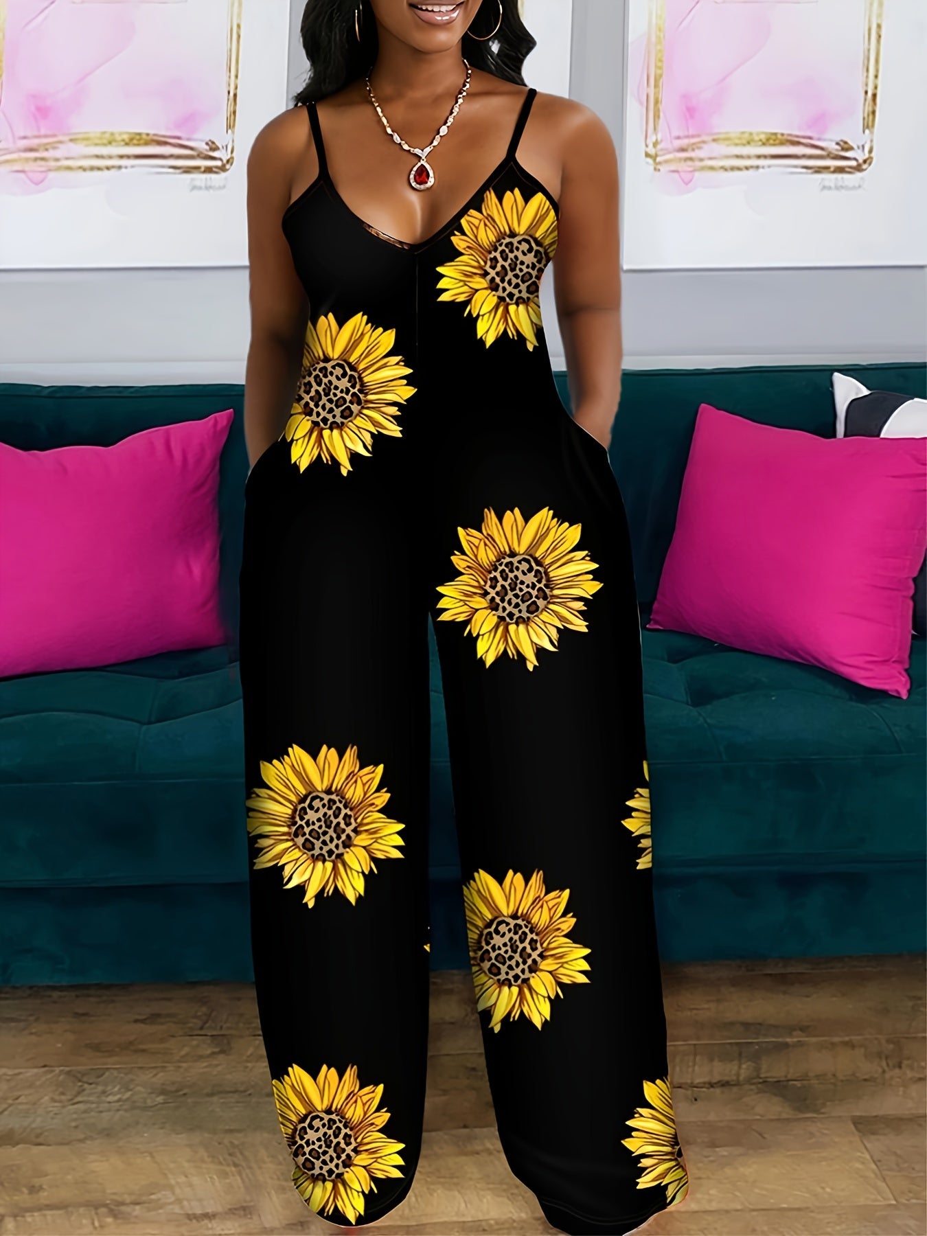 Sunflower Print Cami Jumpsuit, Casual Sleeveless Jumpsuit For Spring & Summer, Women's Clothing