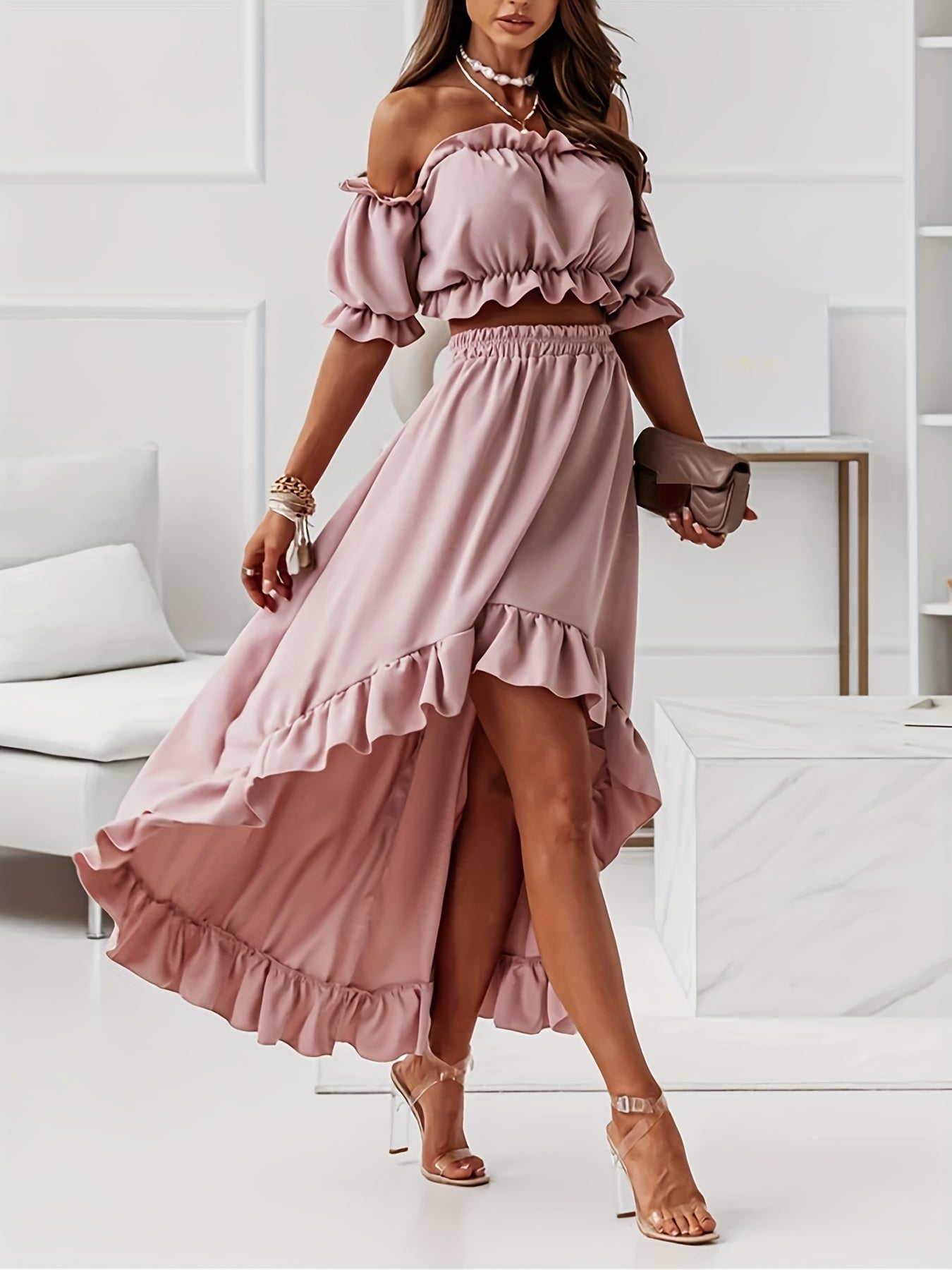 Solid Ruffle Trim Two-piece Set, Off Shoulder Short Sleeve Tops & Dipped Hem Elastic Waist Skirts Outfits, Women's Clothing
