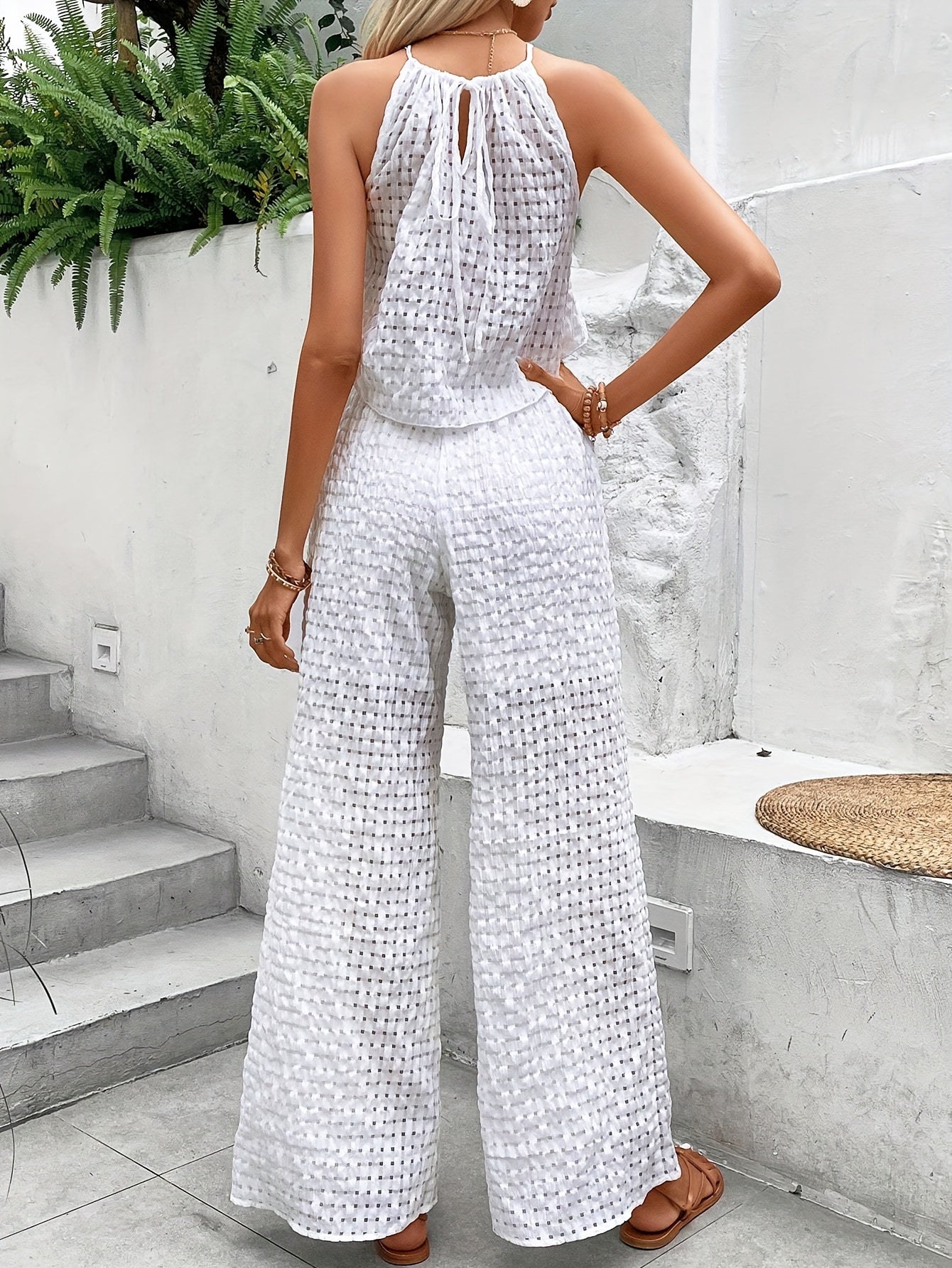 Cut Out Two-piece Set, Elegant Halter Neck Top & Wide Leg Pants Outfits For Spring & Summer, Women's Clothing