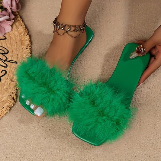 Women's Solid Color Slide Sandals, Casual Faux Fur Decor Flat Summer Shoes, Lightweight Square Toe Shoes