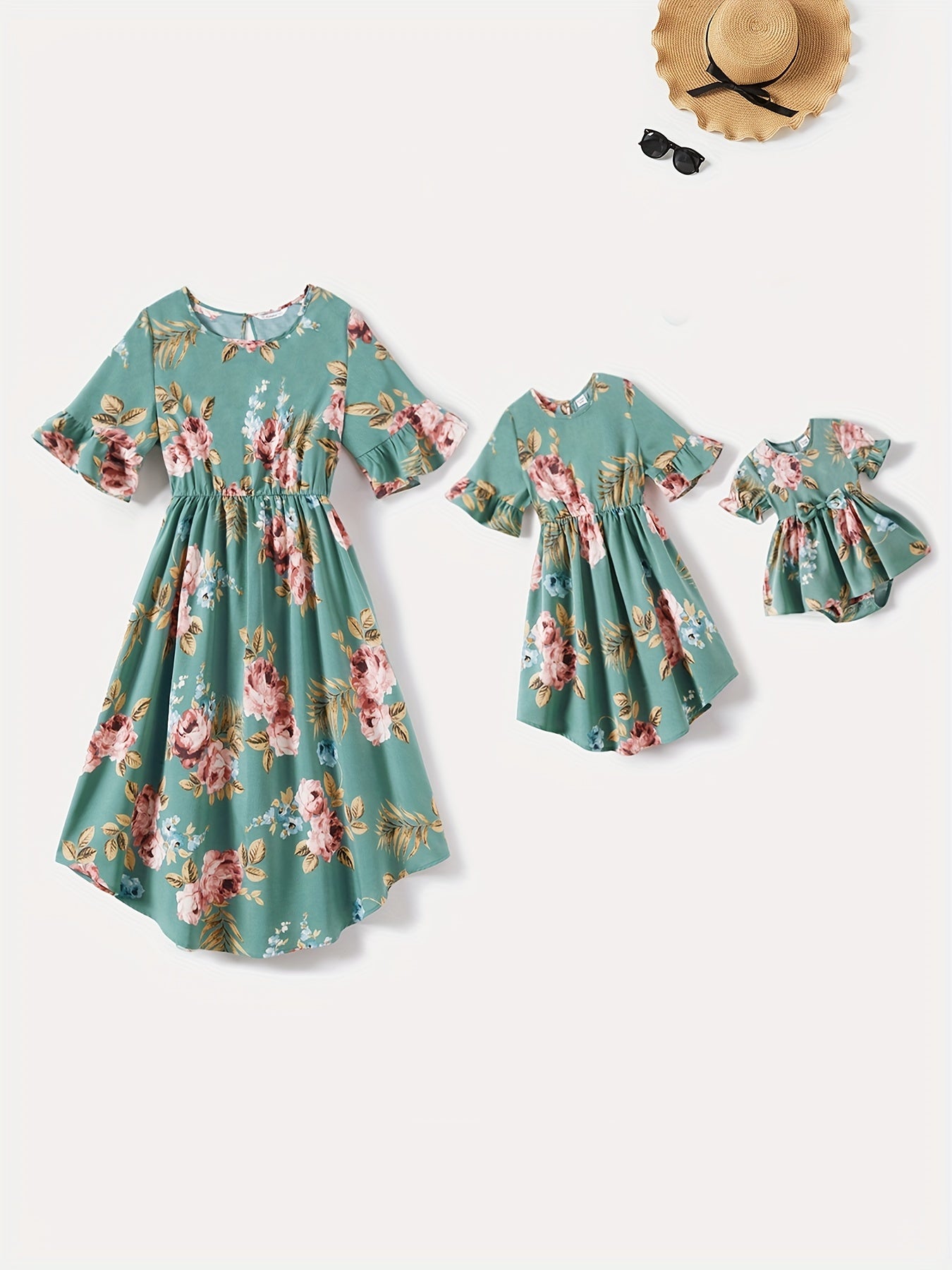 PatPat Mommy And Me Allover Floral Print Ruffle Half-sleeve Dresses, Baby Kids Women Casual Clothes For Summer Vacation Family Activities