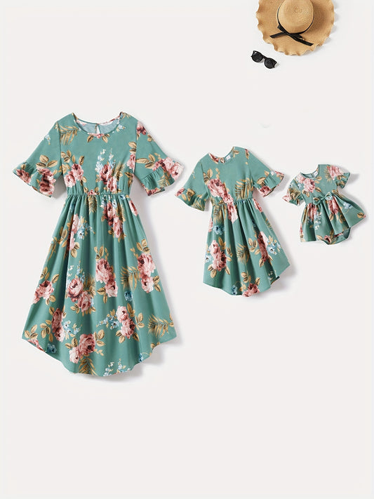 PatPat Mommy And Me Allover Floral Print Ruffle Half-sleeve Dresses, Baby Kids Women Casual Clothes For Summer Vacation Family Activities
