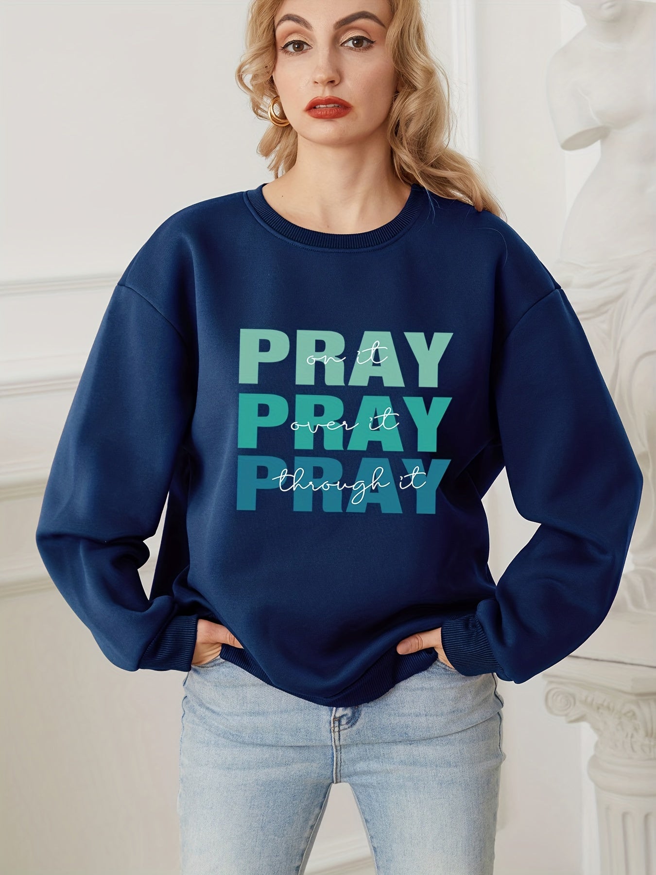 Pray Letter Print Thermal Sweatshirt, Long Sleeve Crew Neck Casual Sweatshirt For Spring & Fall, Women's Clothing