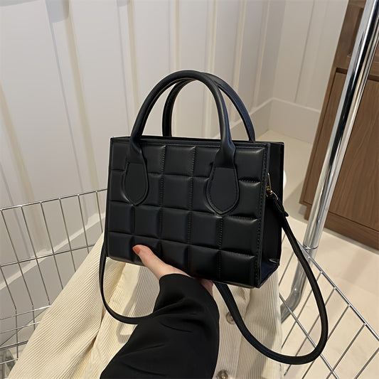 Checkered Embossed Handbag, Trendy Mini Crossbody Bag, Women's Solid Color Tote Bag & Square Purse