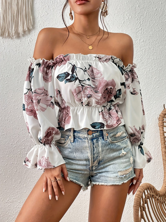 Floral Print Off Shoulder Blouse, Elegant Ruffle Trim Blouse For Spring & Fall, Women's Clothing