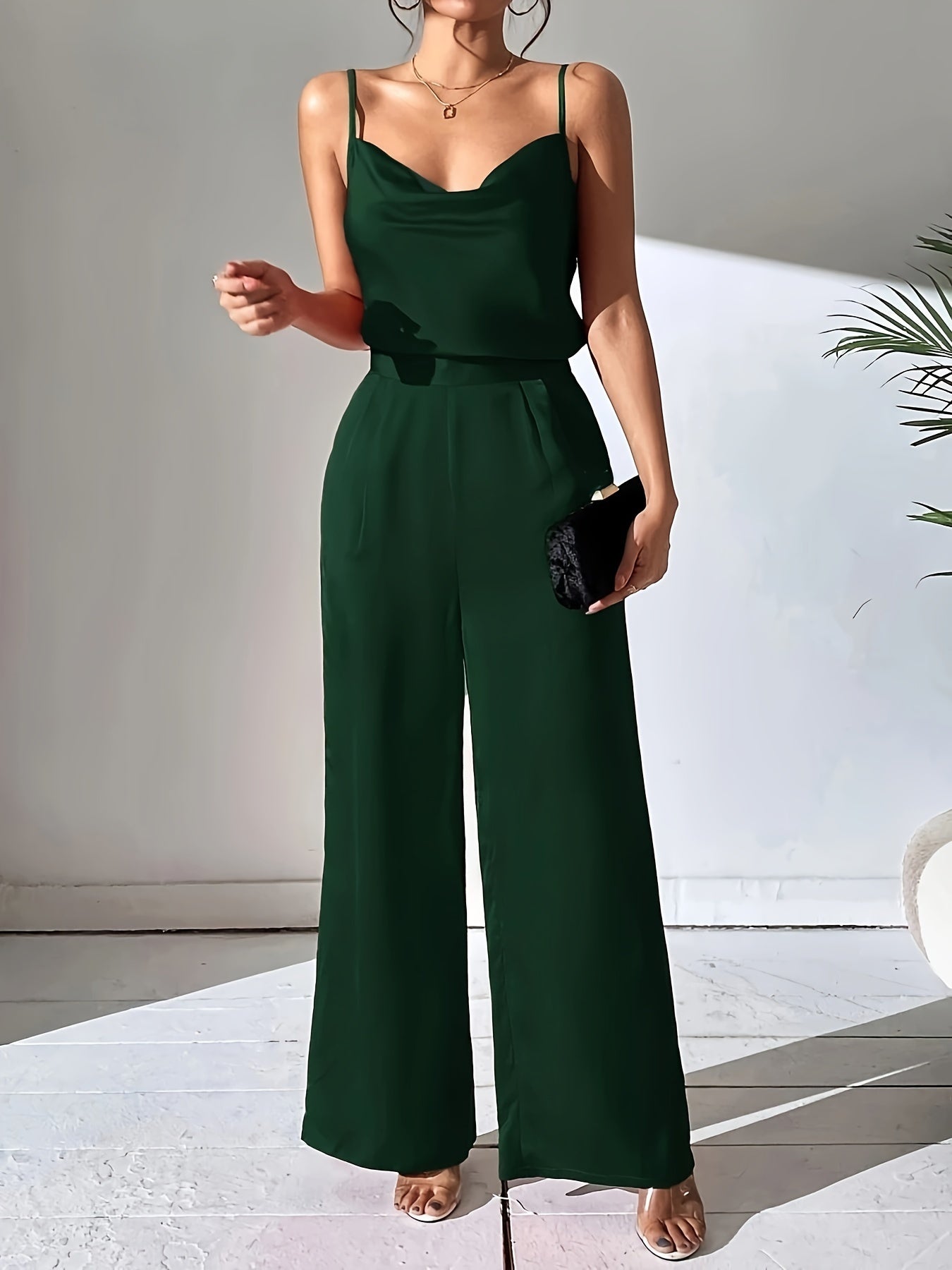 Solid Elegant Two-piece Set, Cami Top & Wide Leg Pants Outfits, Women's Clothing