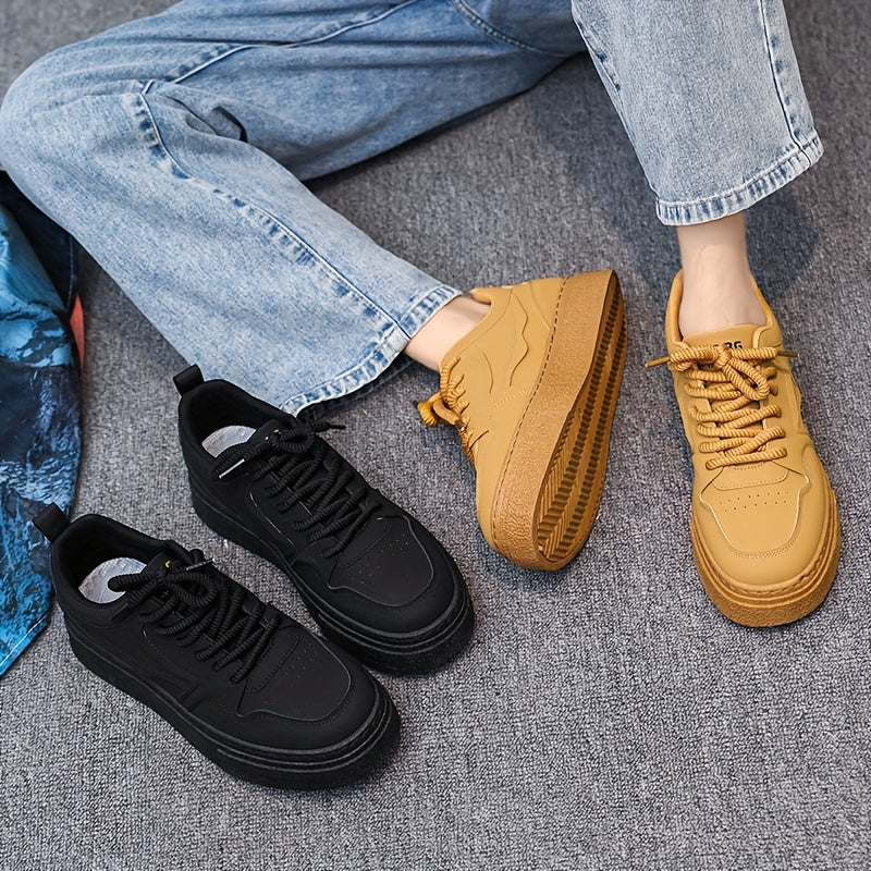 Men's Trendy Solid Skate Shoes, Comfy Non Slip Casual Lace Up Sneakers For Men's Outdoor Activities