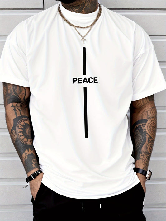Peace Graphic Men's Short Sleeve T-shirt, Comfy Stretchy Trendy Tees For Summer, Casual Daily Style Fashion Clothing