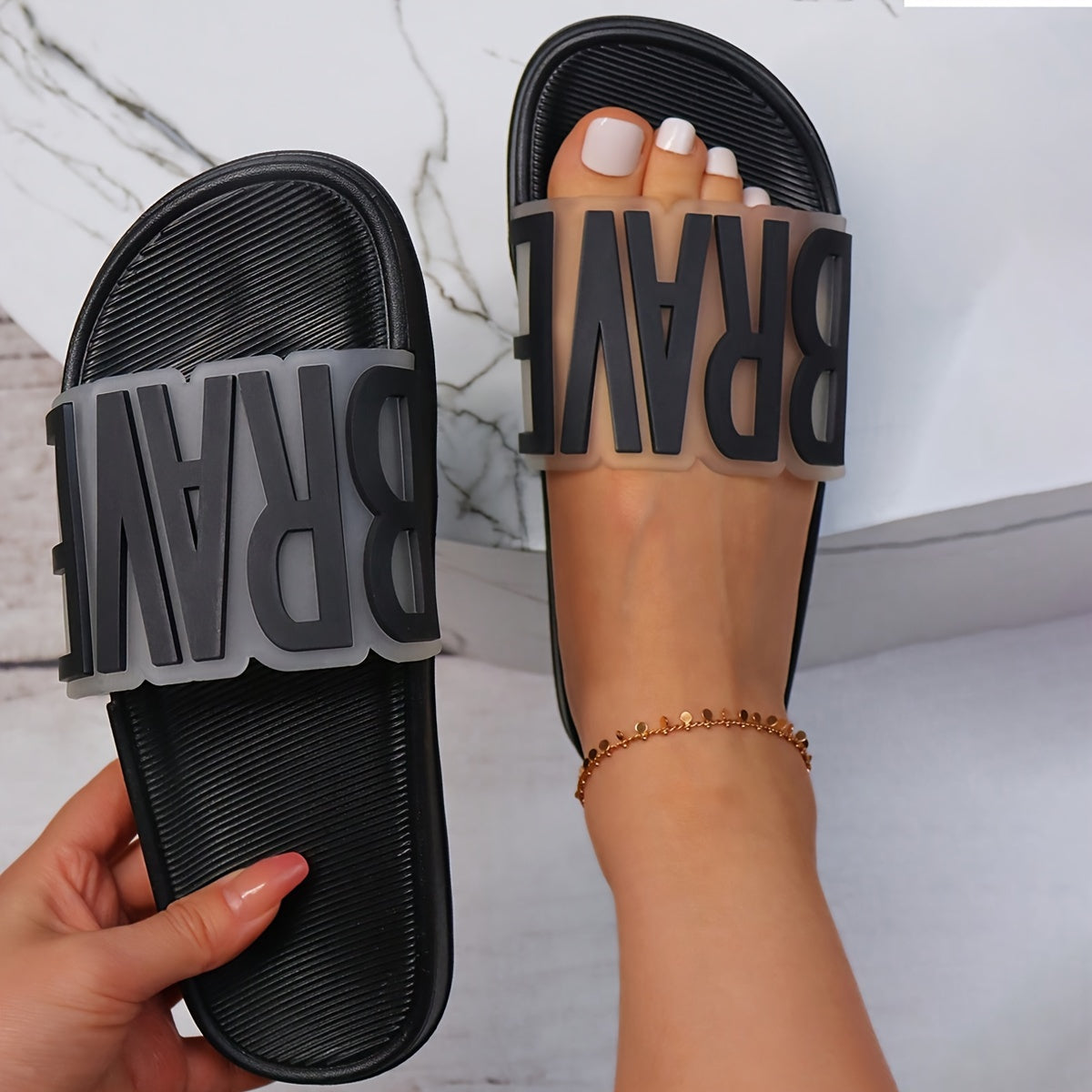 Women's Letter Decor Slides, Lightweight Slip On Flat Casual Slides, Non-slip Summer Beach Slides