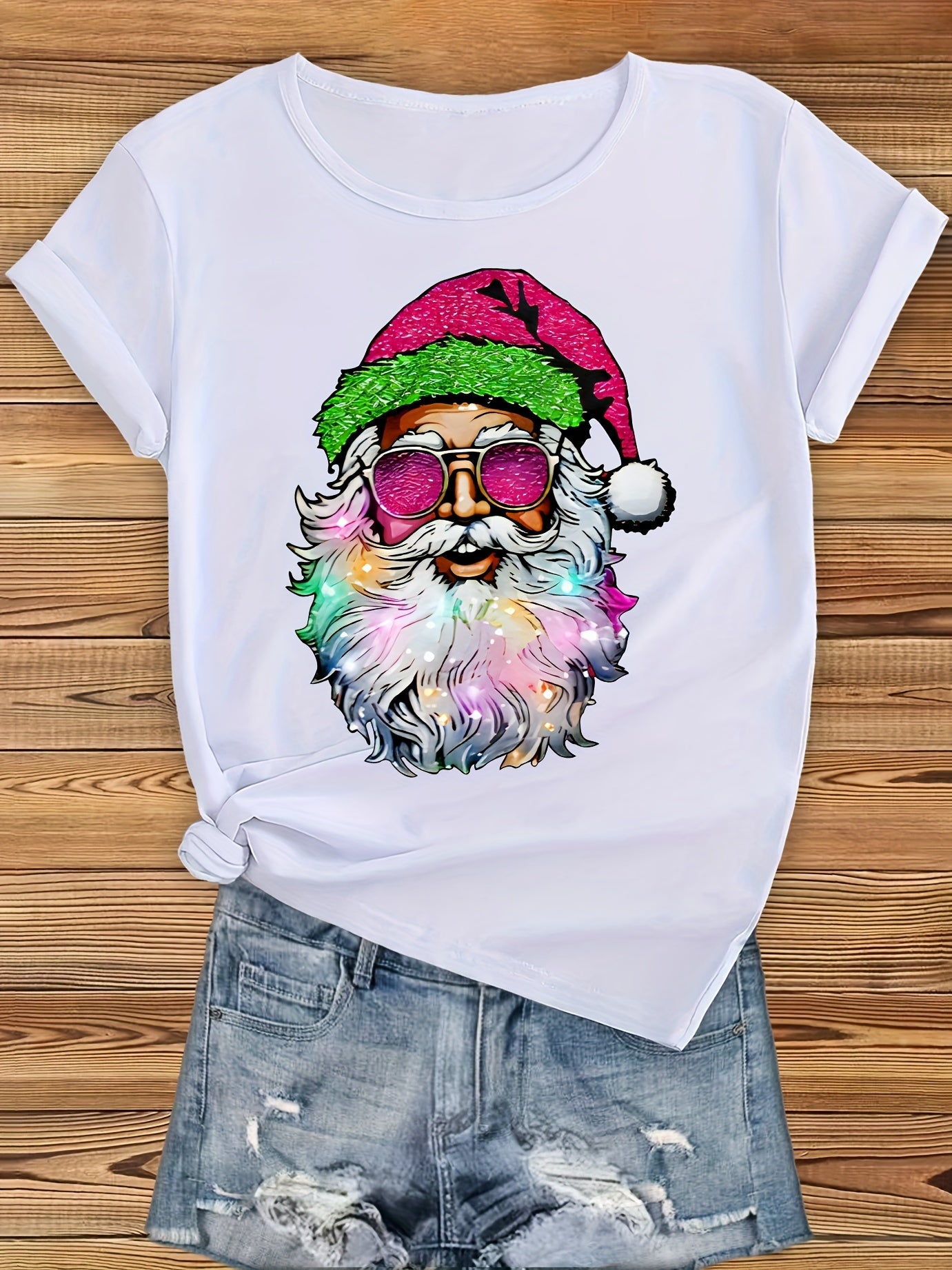 Christmas Santa Claus Print T-shirt, Casual Crew Neck Short Sleeve Daily Top, Women's Clothing