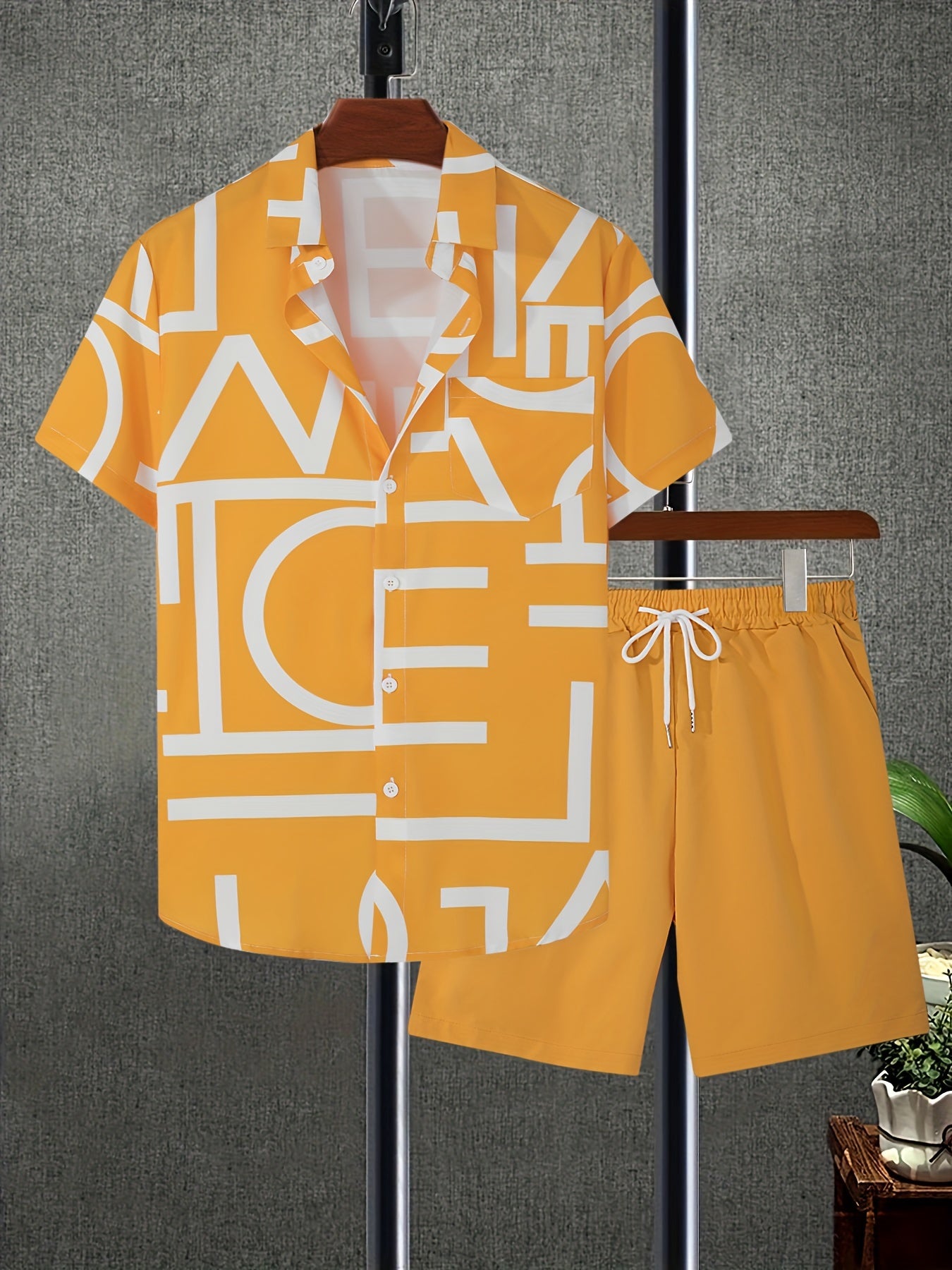 2pcs, Letter Print Everywhere Men's Summer Short Sleeve Button Up Shirt And Shorts Set