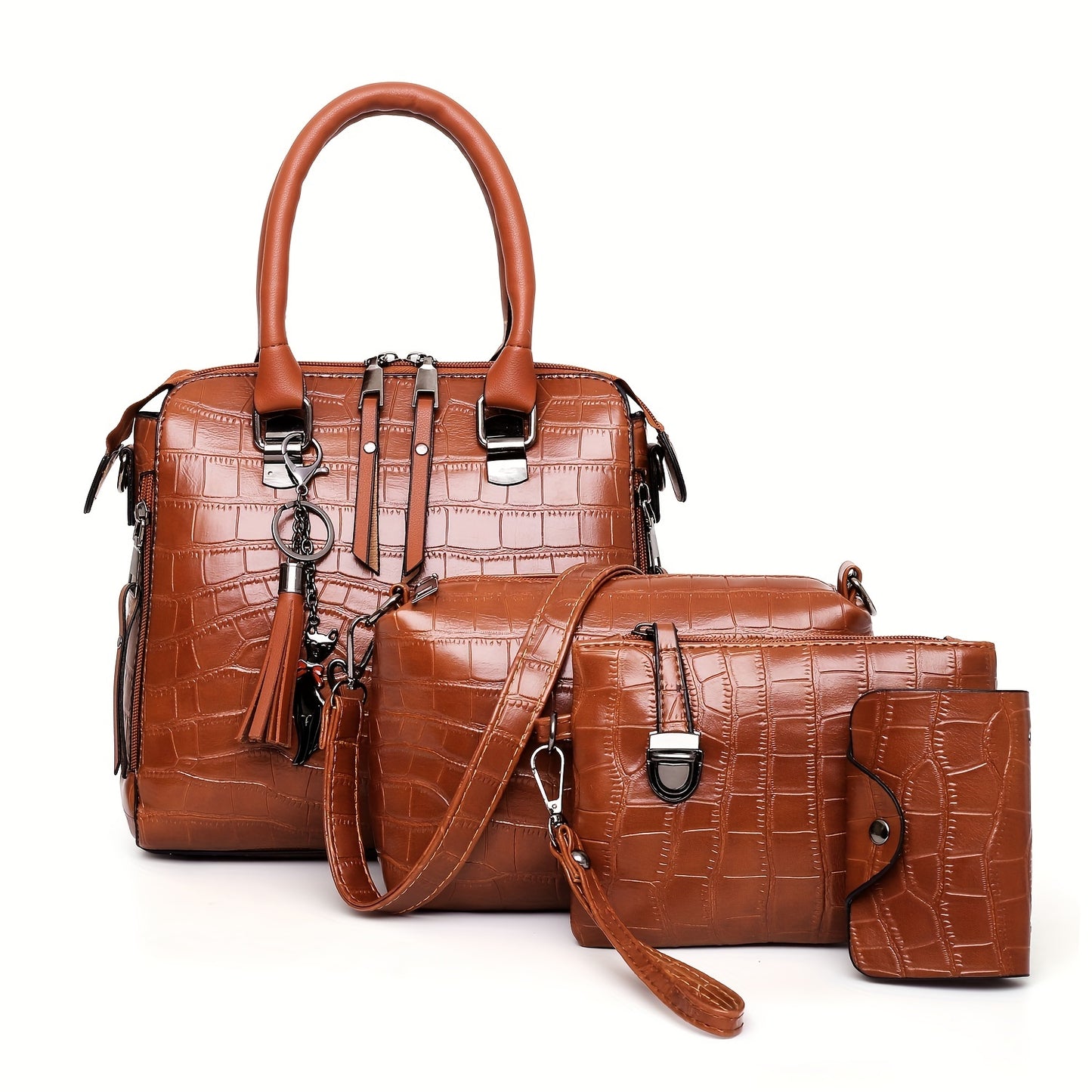 4Pcs Crocodile Pattern Handbag Set, Vintage Tassel Tote Bag With Crossbody Bag & Clutch Purse & Card Holder