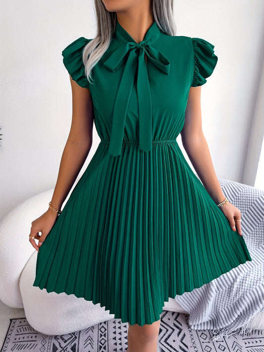 Solid Bow Tie Dress, Elegant Ruffle Trim Pleated Dress For Spring & Summer, Women's Clothing