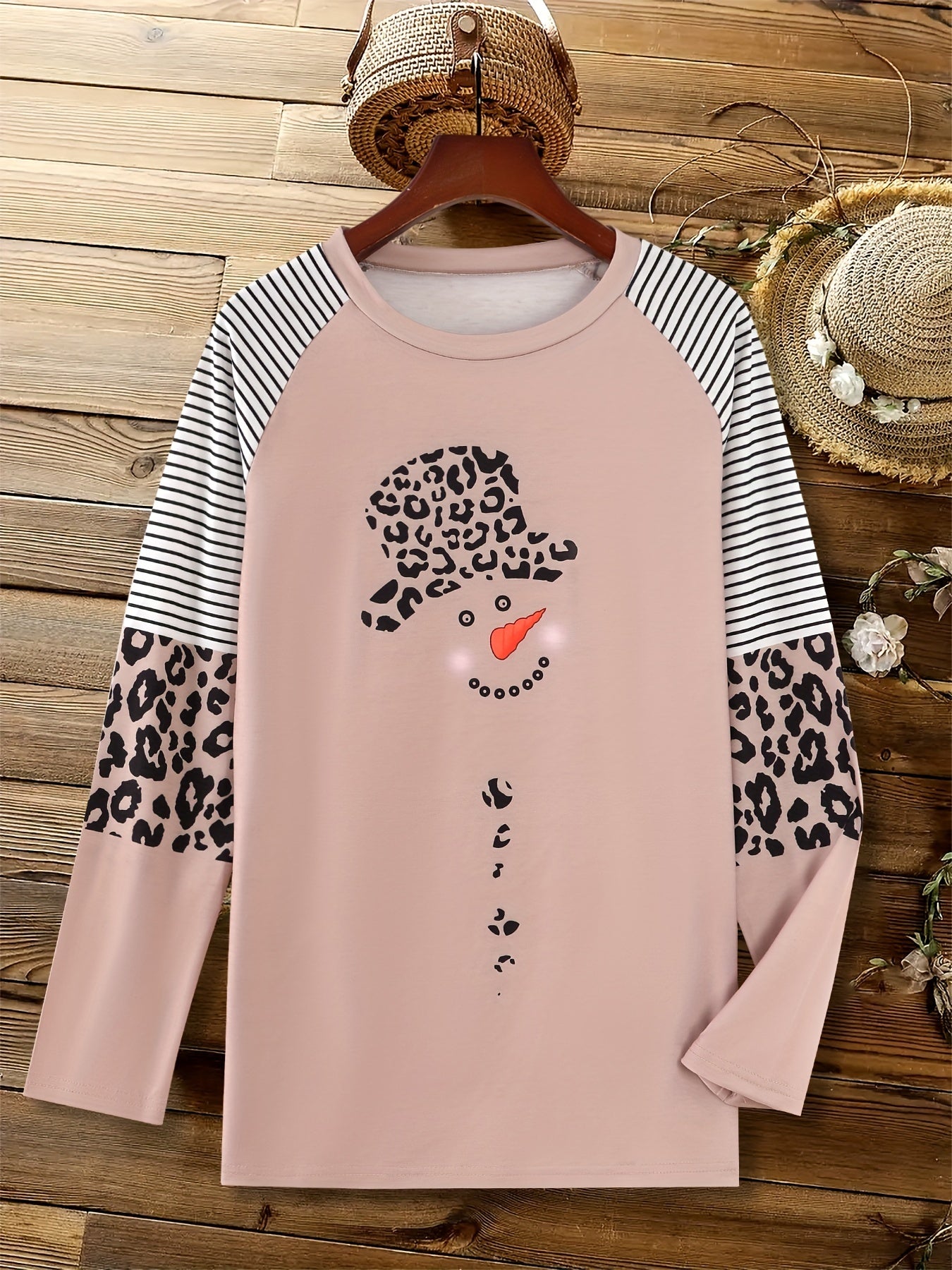 Snowman Leopard Print Sweatshirt, Casual Crew Neck Long Sleeve Sweatshirt, Women's Clothing