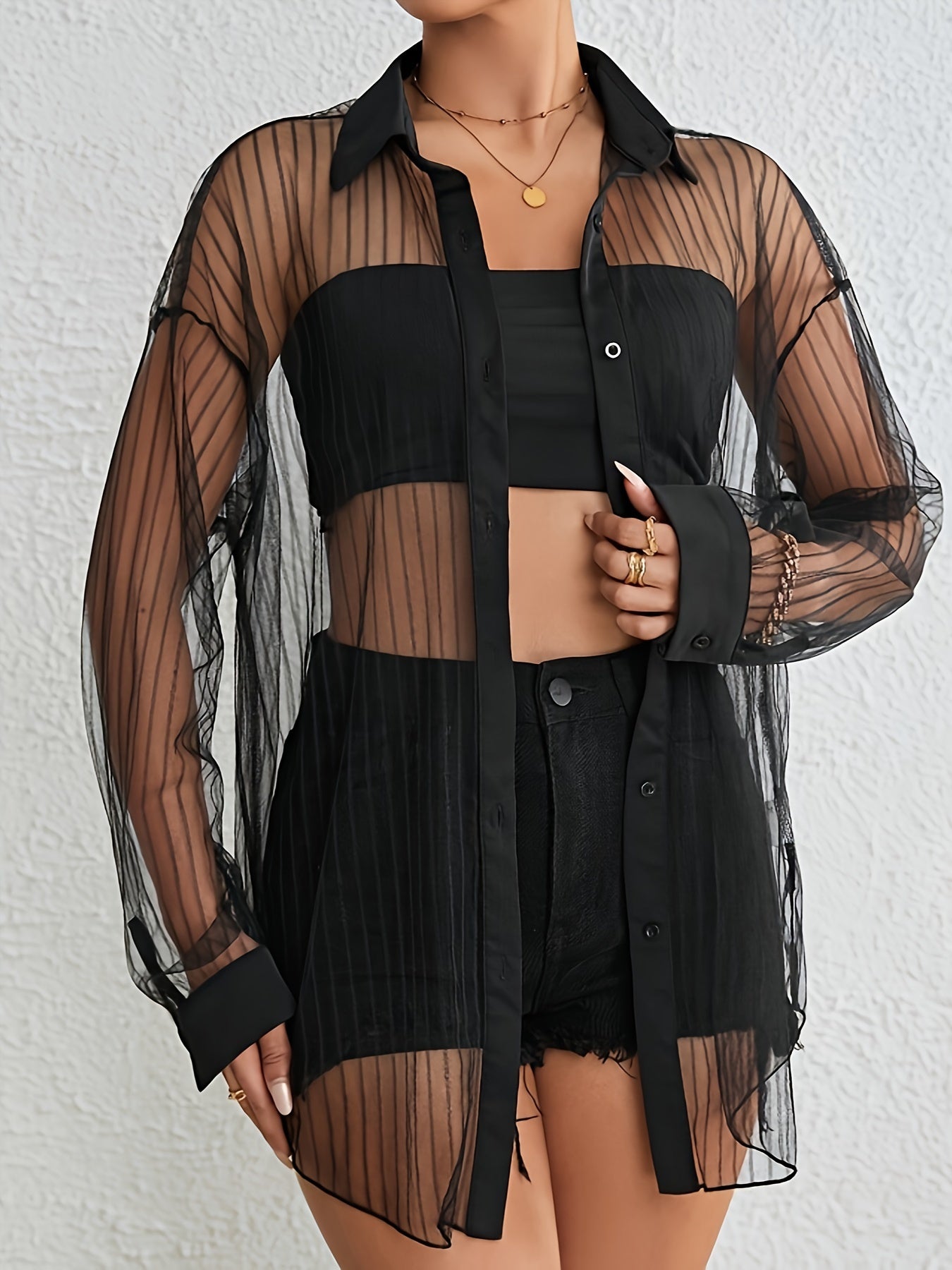 Solid Color Elegant Top Set, See Through Long Sleeve Drop Shoulder Collared Button Up Oversized Shirt & Slim Crop Tube Top Outfits, Women's Clothing