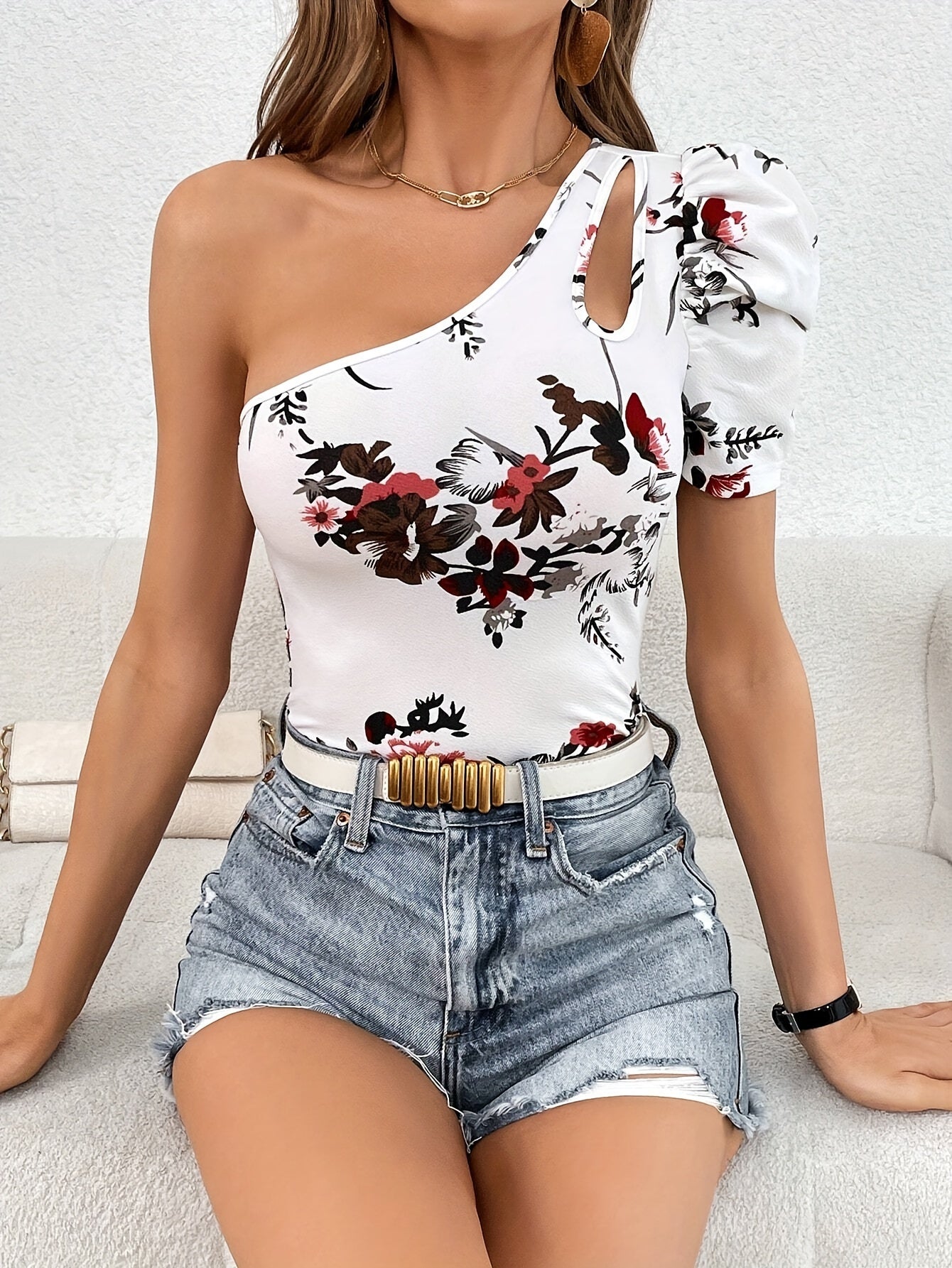 Floral Print One Shoulder T-Shirt, Elegant Cut Out Short Sleeve Top For Spring & Summer, Women's Clothing