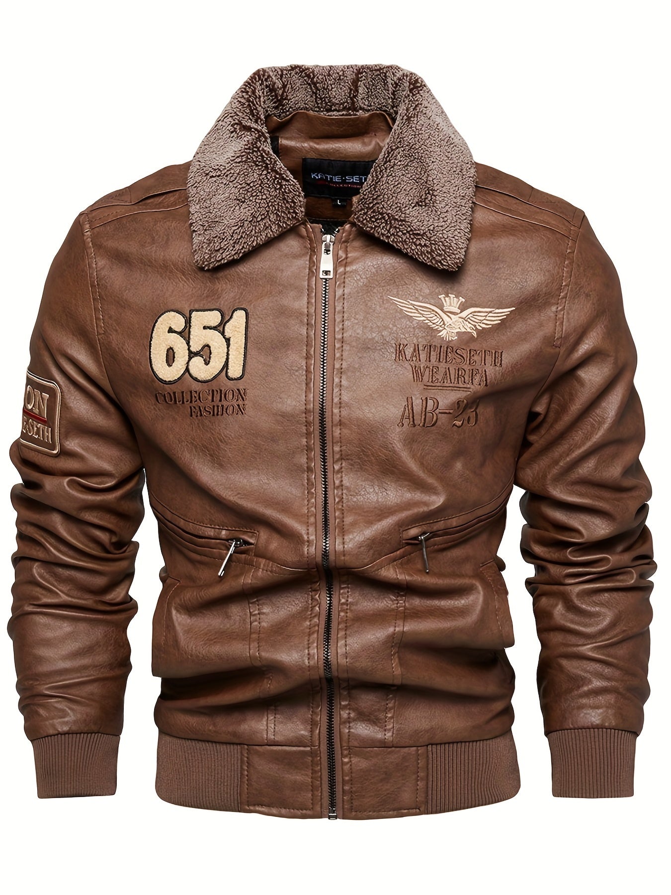 Retro PU Bomber Jacket, Men's Casual Embroidery Zip Up Lapel Faux Leather Jacket For Fall Winter