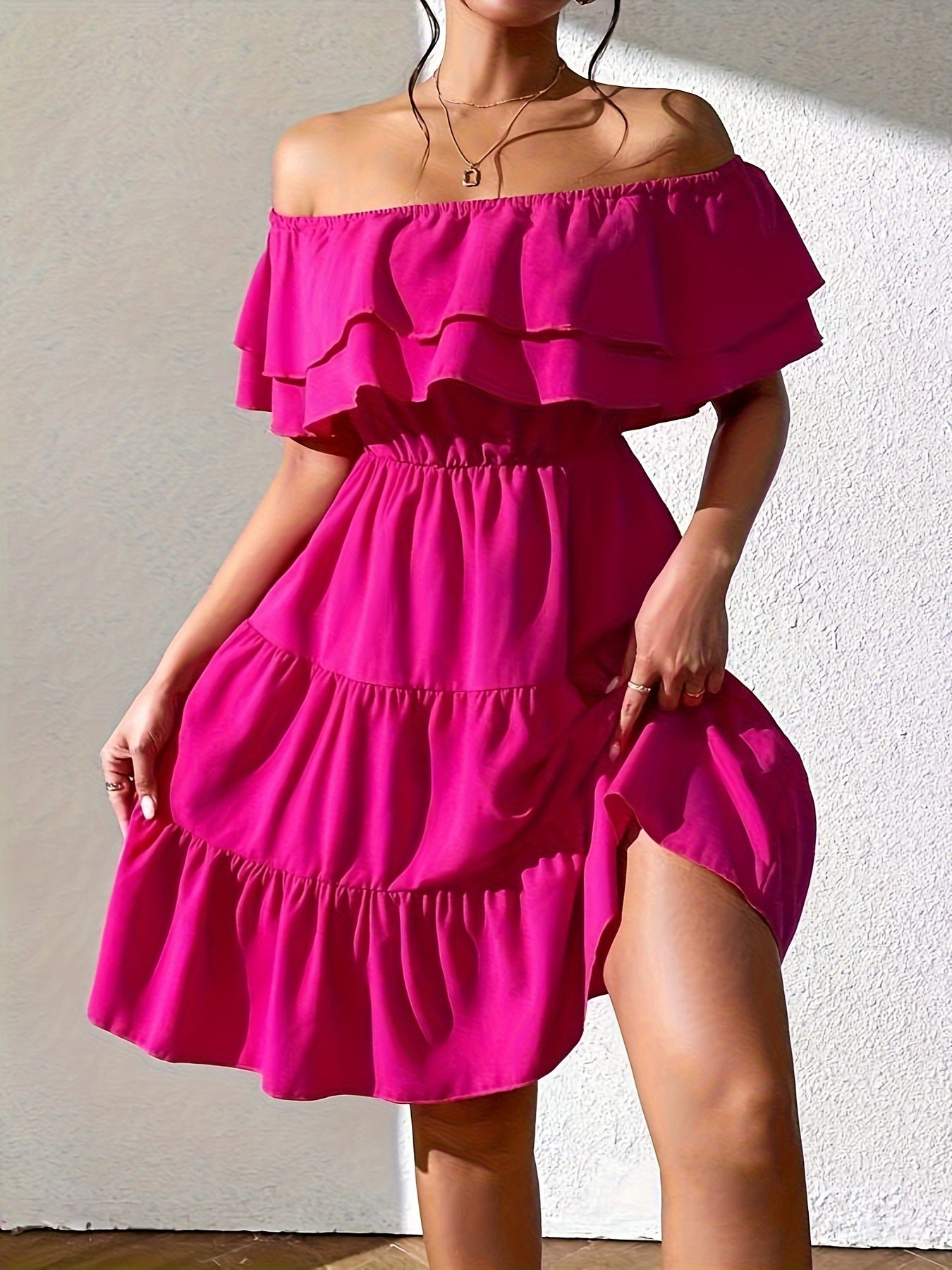 Solid Off Shoulder Dress, Elegant Tiered Ruffle Hem Dress, Women's Clothing