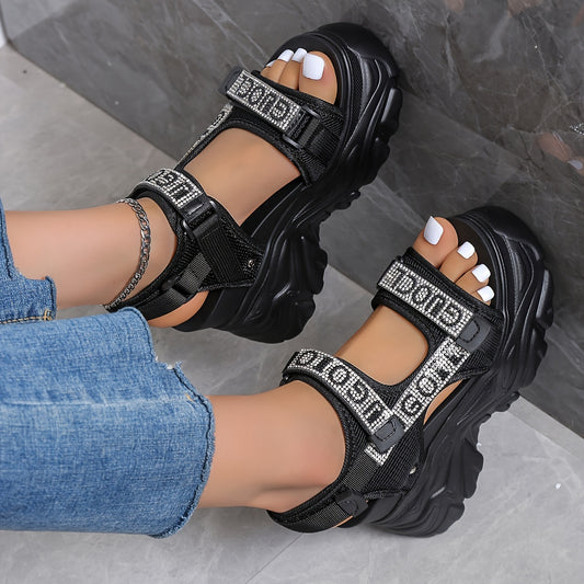 Women's Rhinestone Decor Wedge Heeled Sandals, Casual Open Toe Platform Shoes, Comfortable Ankle Strap Sandals