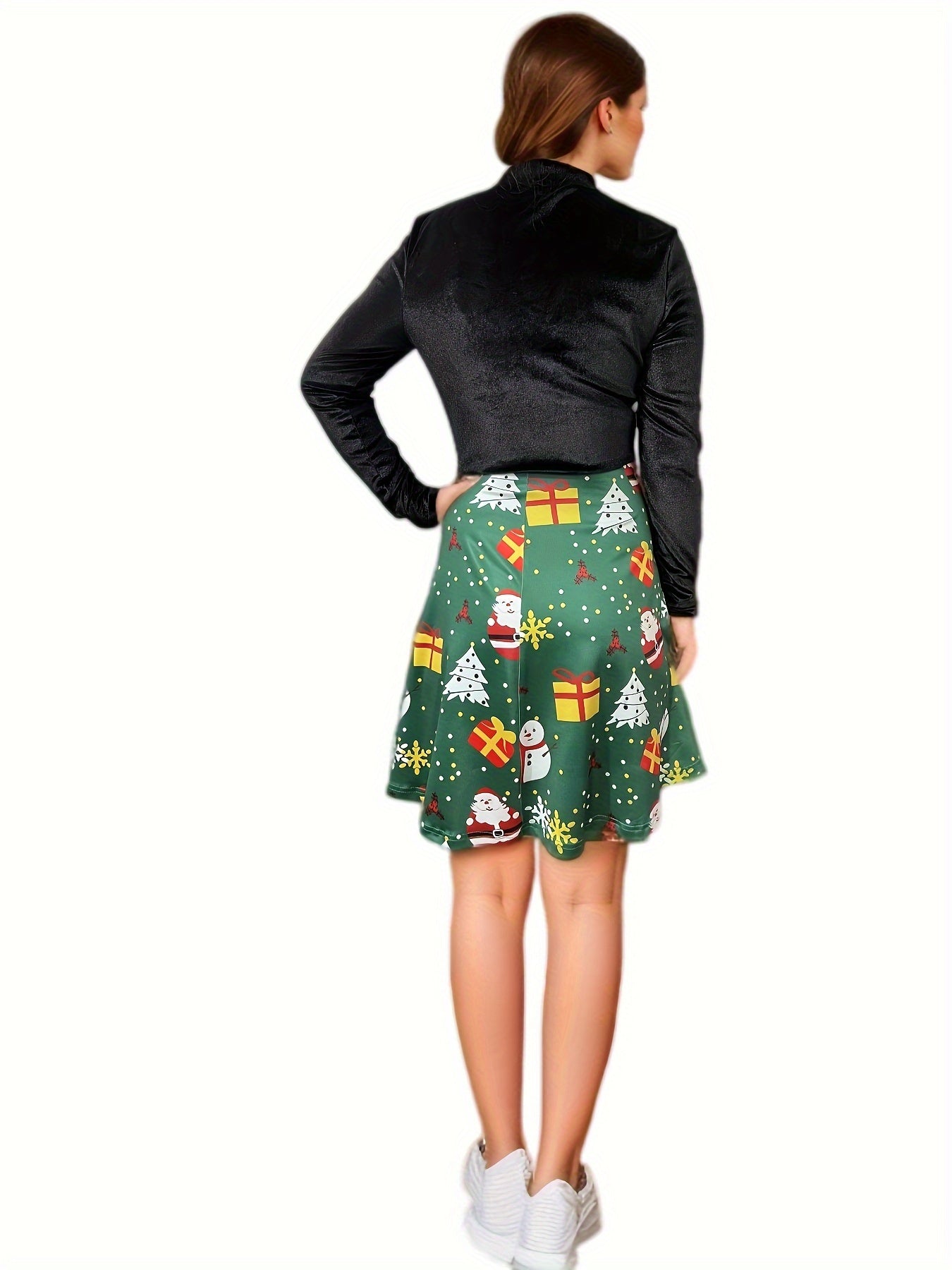 Christmas Graphic Splicing Dress, Cute Mock Neck Velvet Dress For Spring & Fall, Women's Clothing